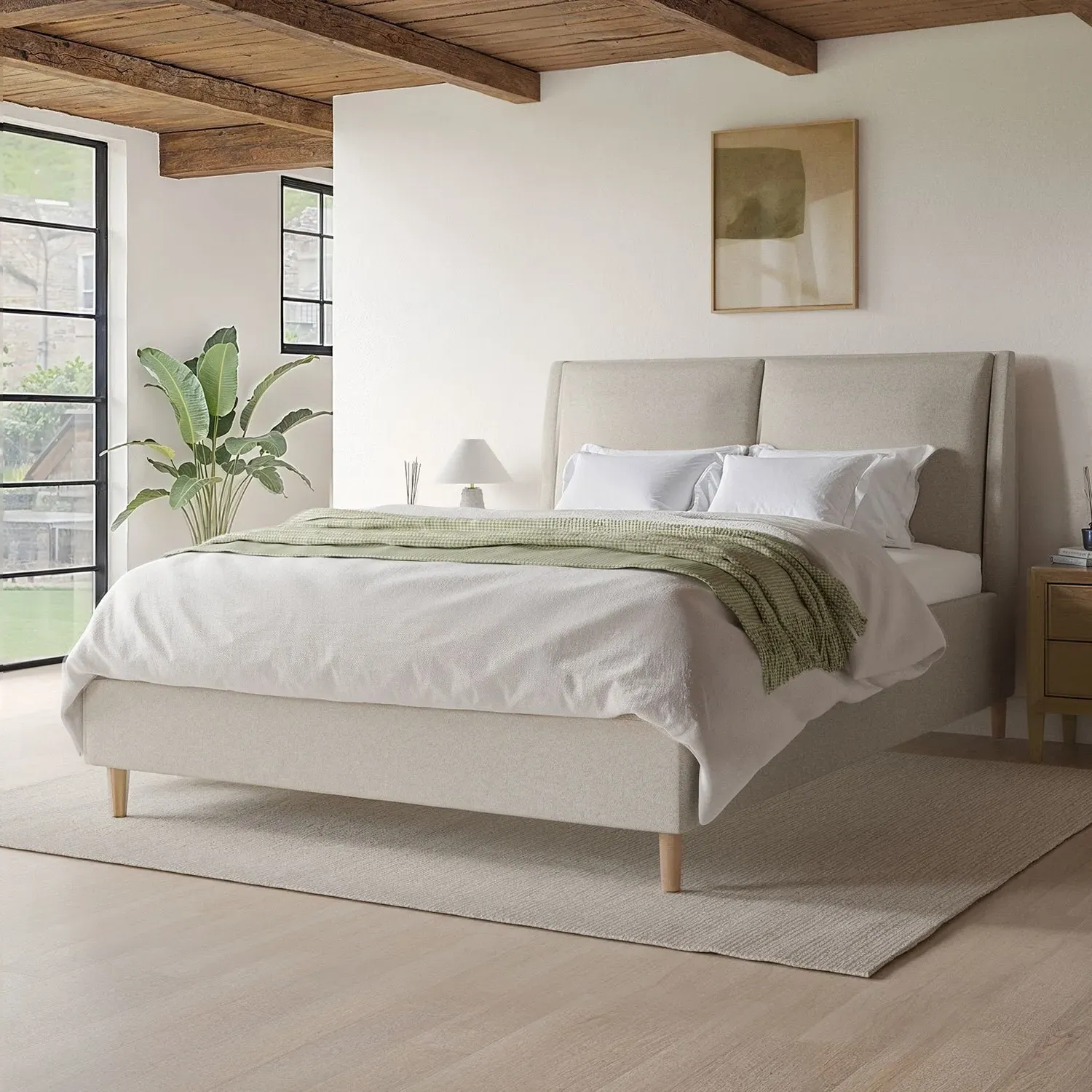King Size Ottoman Bed with Pillow Headboard - Beige, Chenille product