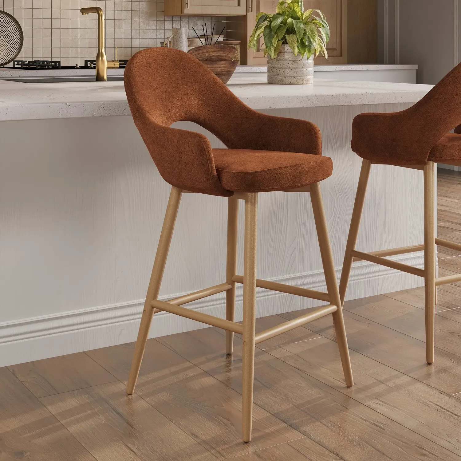 Kitchen Stool with Back & Footrest - Burnt Orange, Chenille product