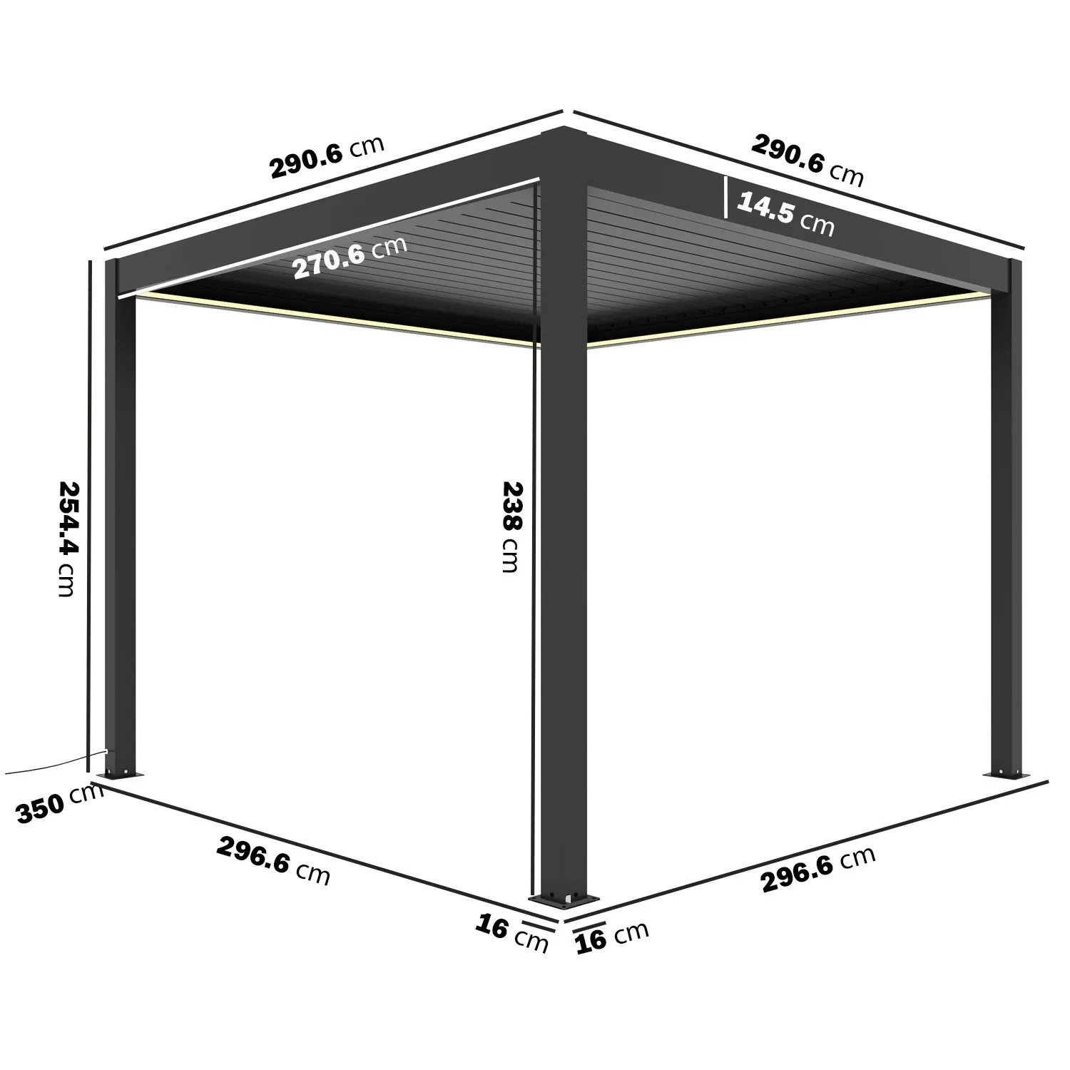 3x3m Louvred Pergola with LED Lighting & 2 Side Panels - Charcoal, Aluminium alternate view