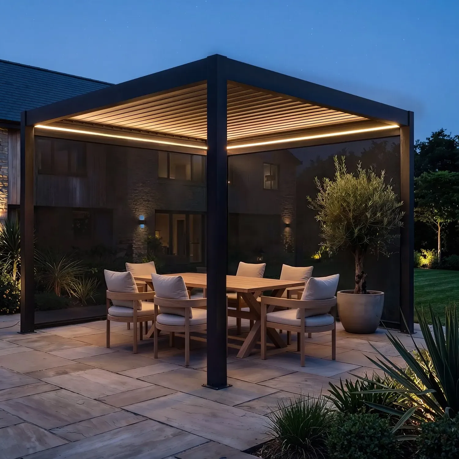 3x3m Louvred Pergola with LED Lighting & 2 Side Panels - Charcoal, Aluminium product