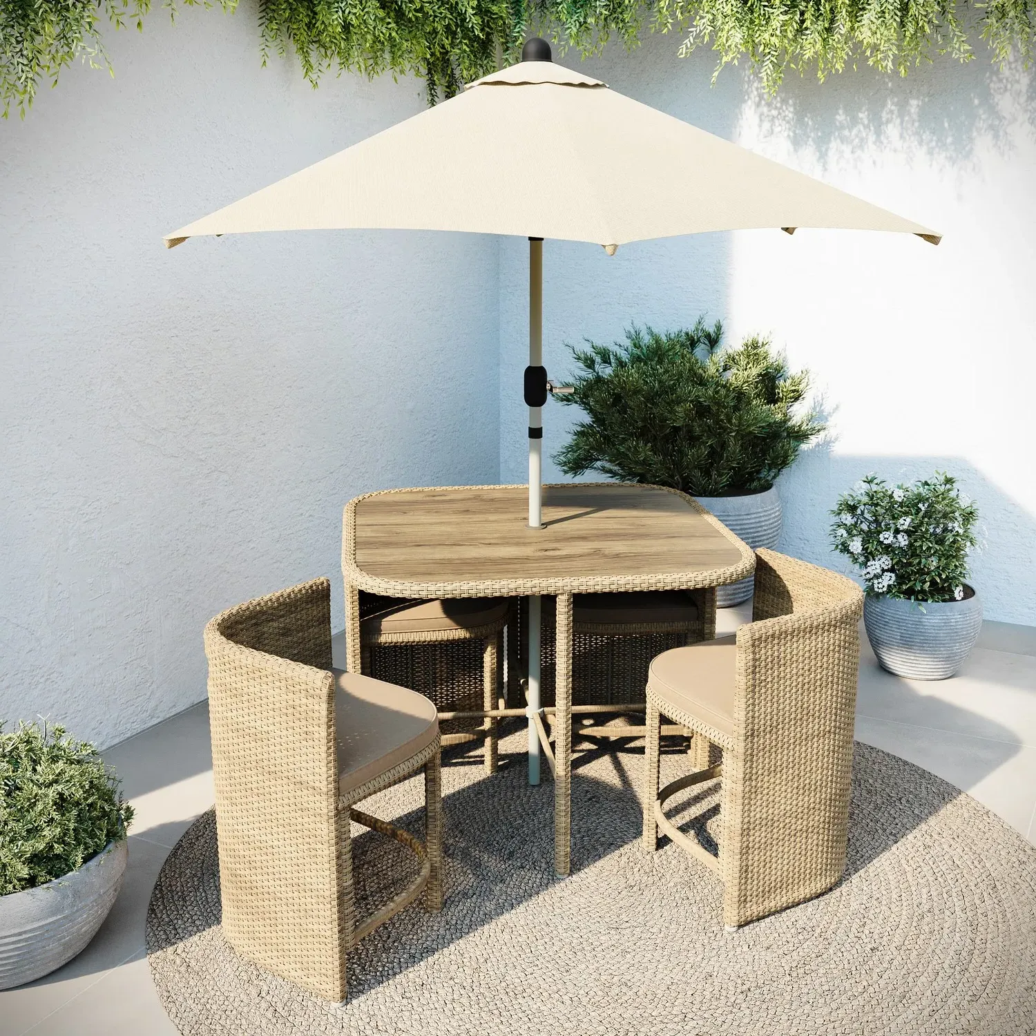 4-Seater Rattan Cube Garden Dining Set with Parasol - Beige product