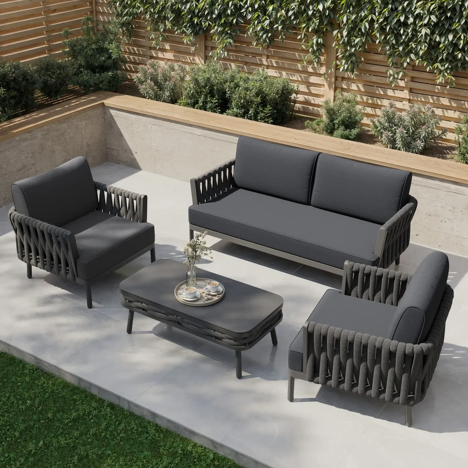4-Seater Rope Detail Sofa & Armchair Set with Coffee Table - Charcoal product