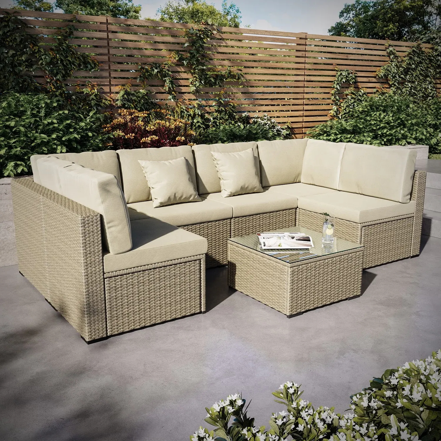 6-Seater U-Shaped Rattan Garden Sofa Set with Coffee Table - Beige product