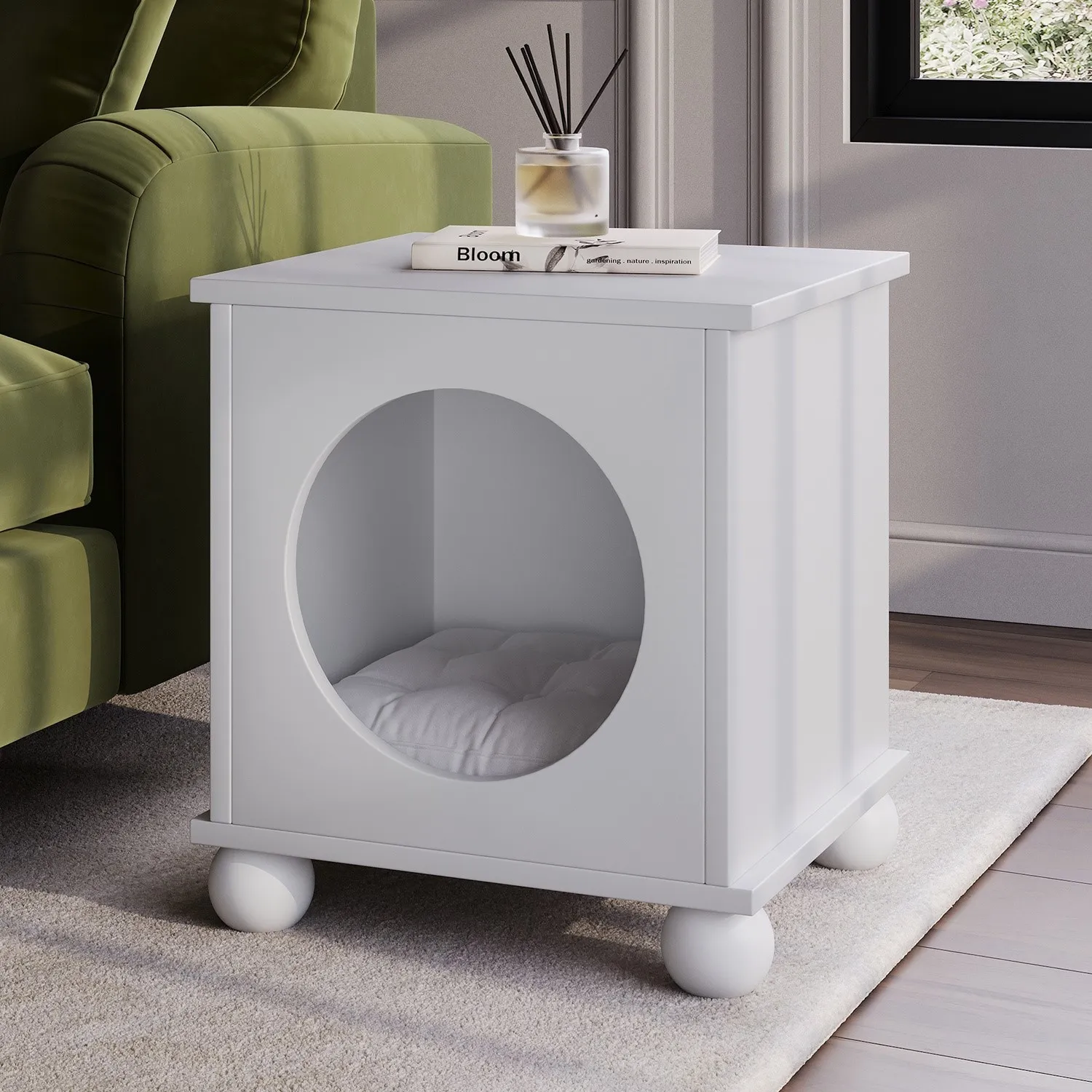 Pet Home Side Table with Quilted Cushion - White, Wood product