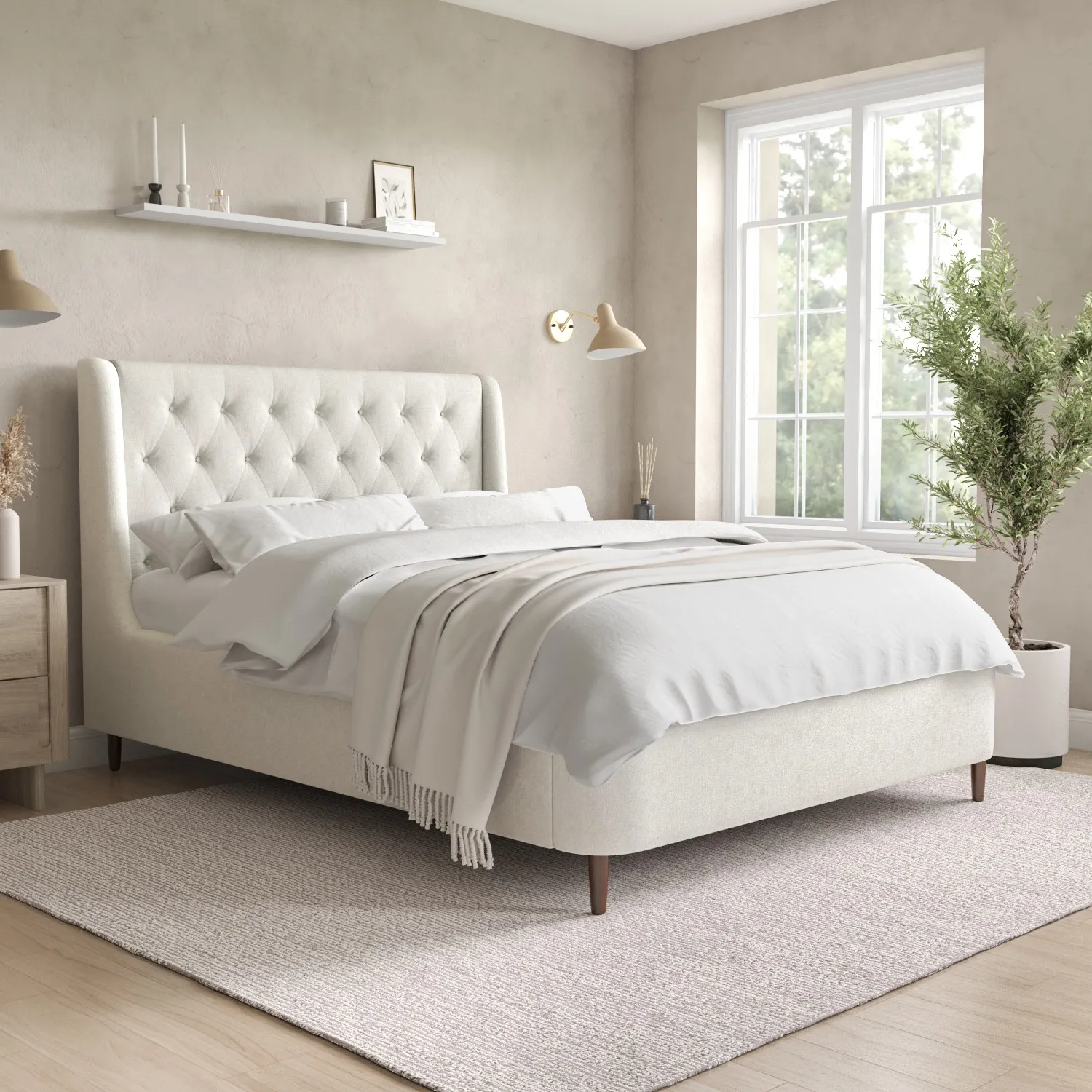 cream-fabric-double-ottoman-bed-with-legs-amara image