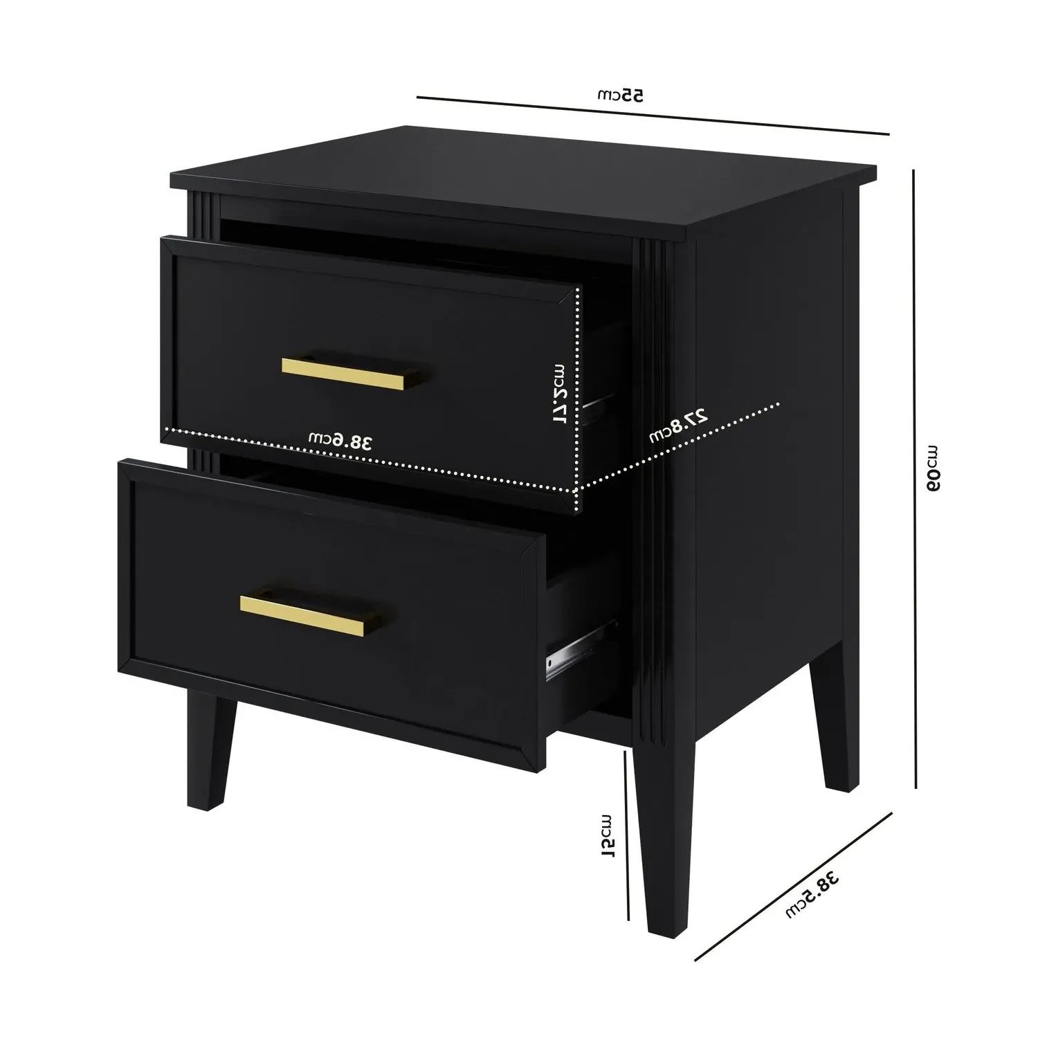 2 Drawer Bedside Table - Black, Solid Pine alternate view