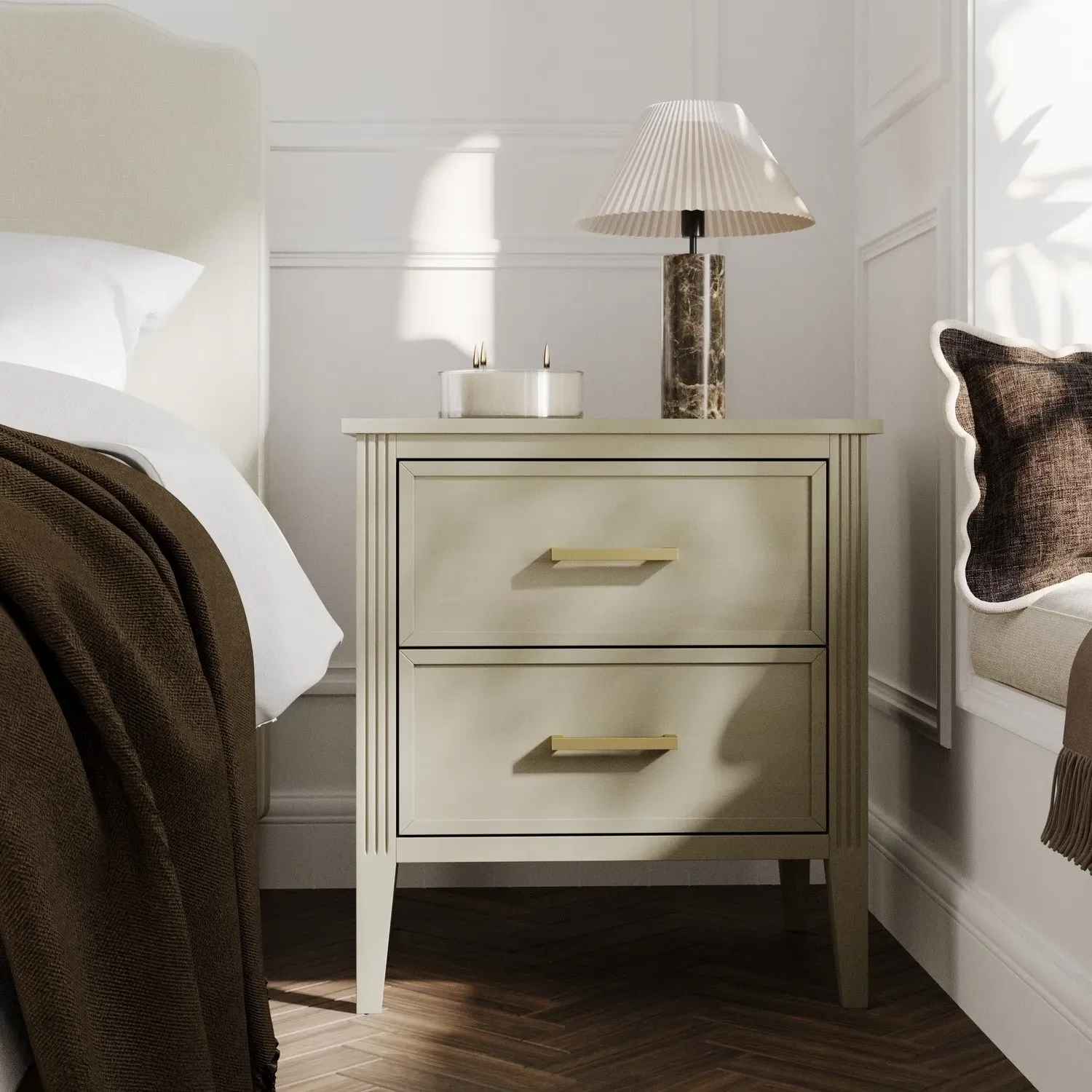 2 Drawer Bedside Table with Fluted Details - Light Wood, Solid Pine product