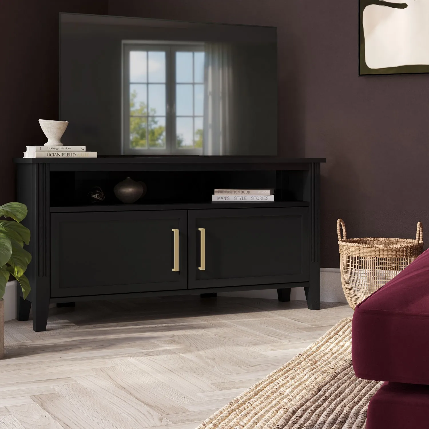 Corner TV Stand with Storage - Black, Solid Pine product