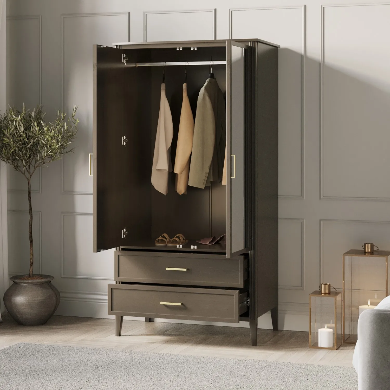 Dark Wood Mirrored 2 Door Double Wardrobe with Drawers alternate view