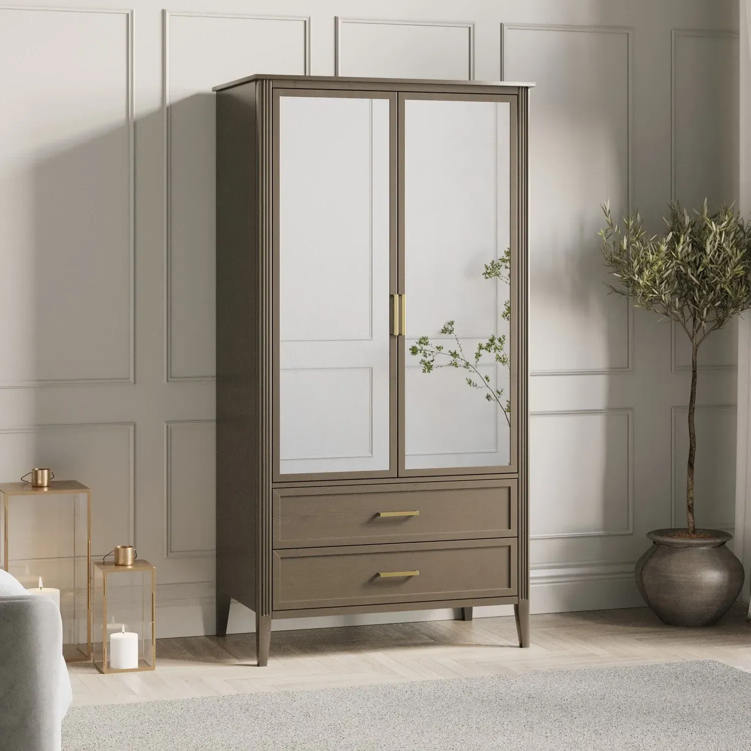 Dark Wood Mirrored 2 Door Double Wardrobe with Drawers product