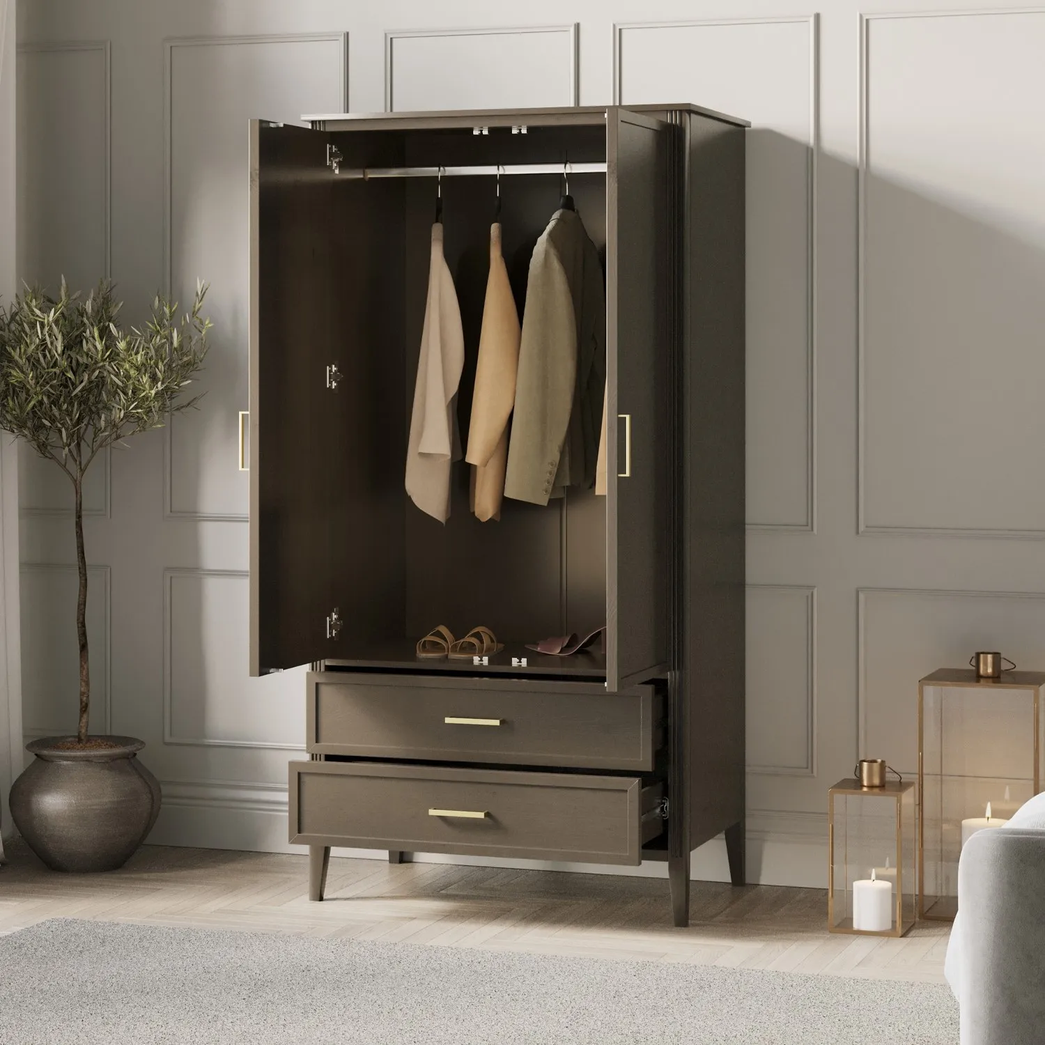 Delilah 2 Door Wardrobe with Drawers - Dark Wood, Solid Pine alternate view