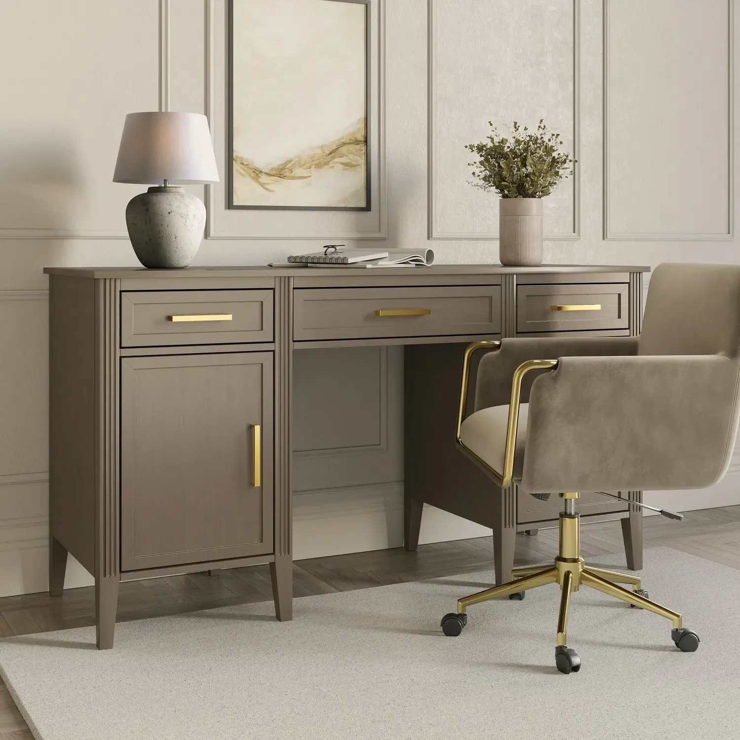 Delilah Twin Pedestal Office Desk with Drawers - Dark Wood, Solid Pine alternate view