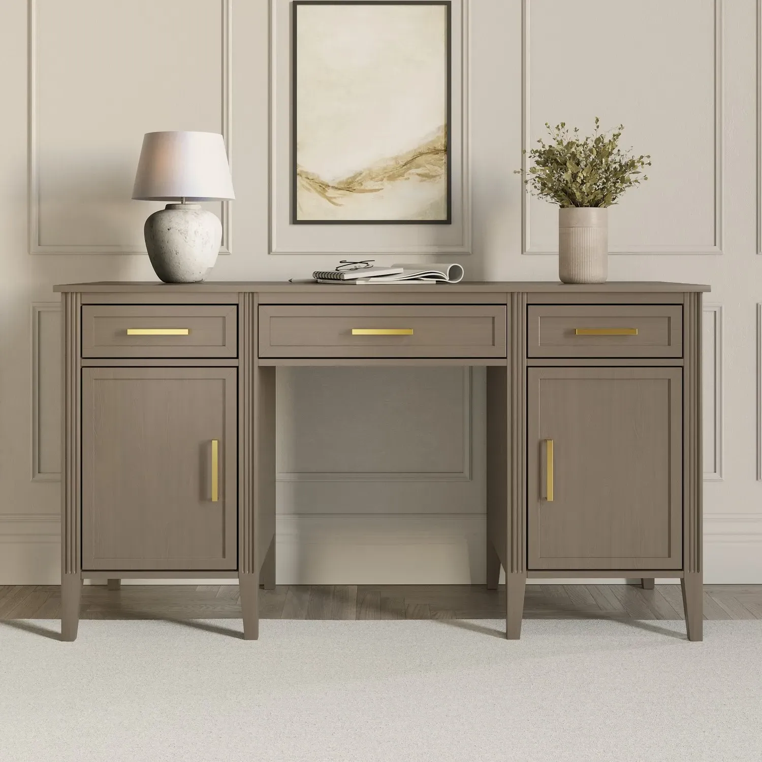 Delilah Twin Pedestal Office Desk with Drawers - Dark Wood, Solid Pine product