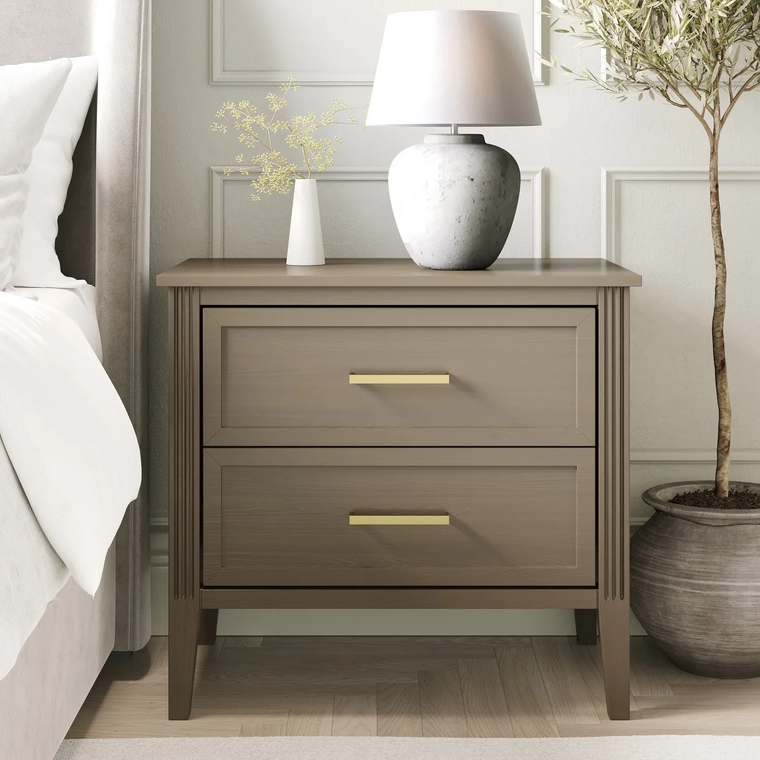 Delilah Wide 2 Drawer Bedside Table - Dark Wood, Solid Pine product