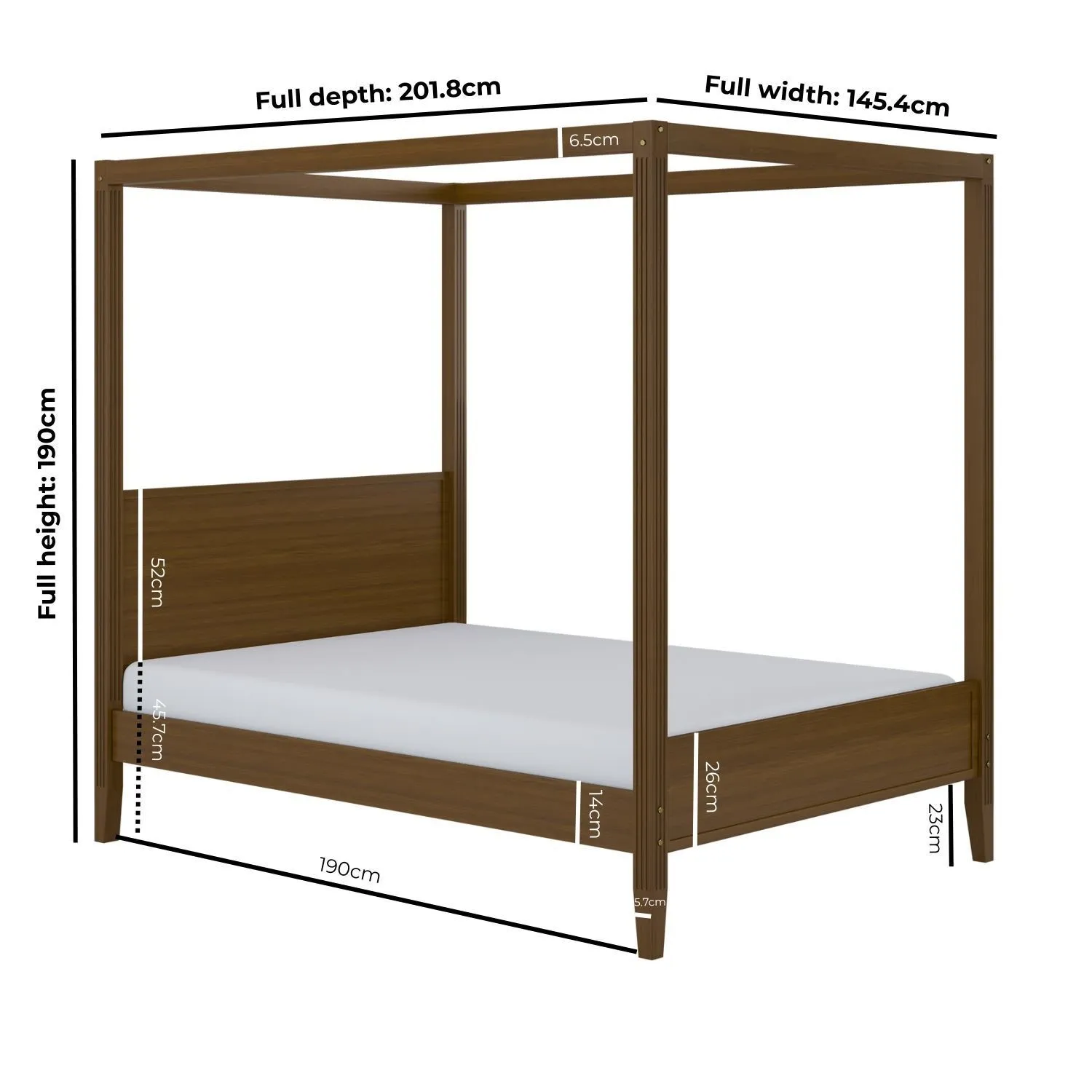 Double Four Poster Bed Frame - Walnut, Solid Pine alternate view