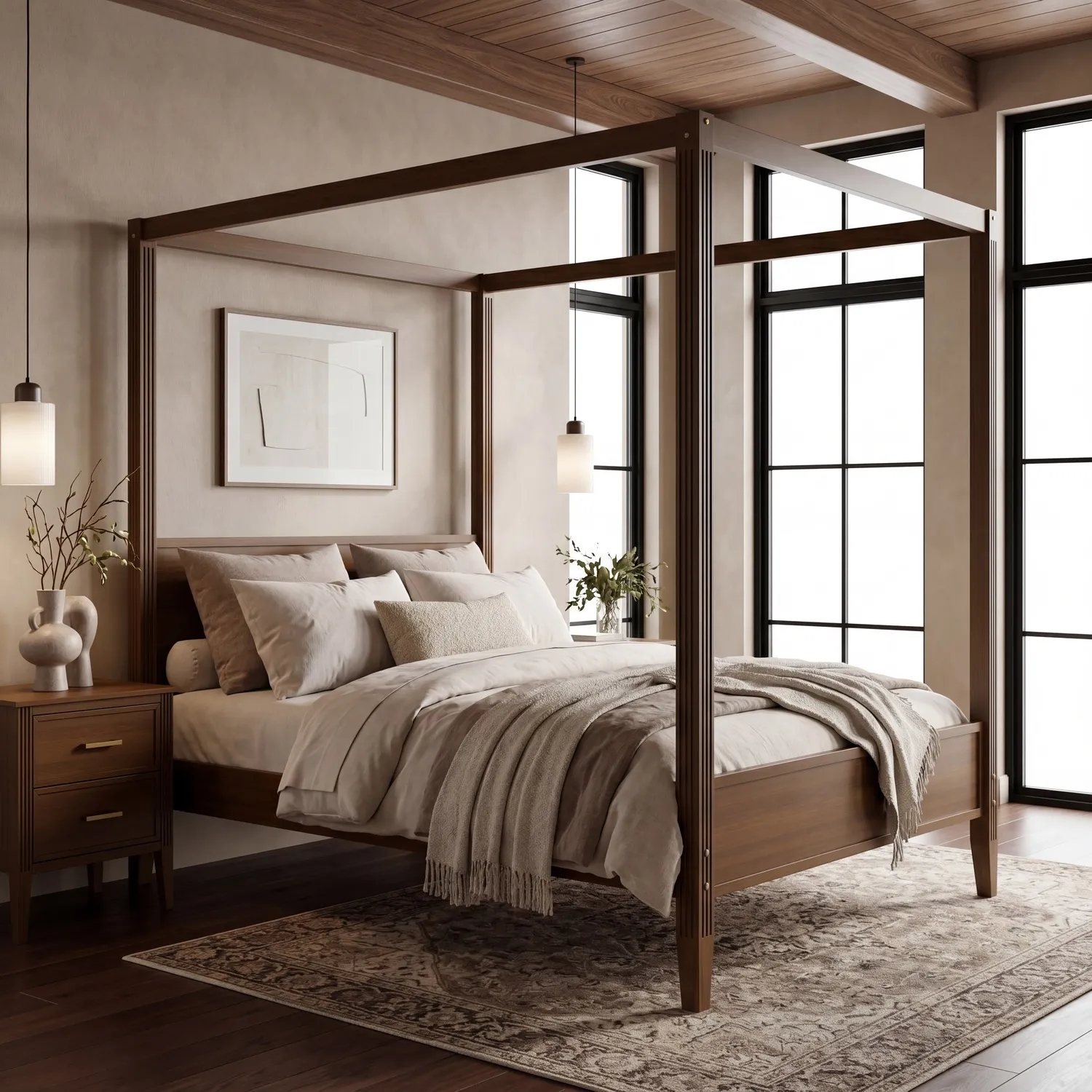 Double Four Poster Bed Frame - Walnut, Solid Pine product