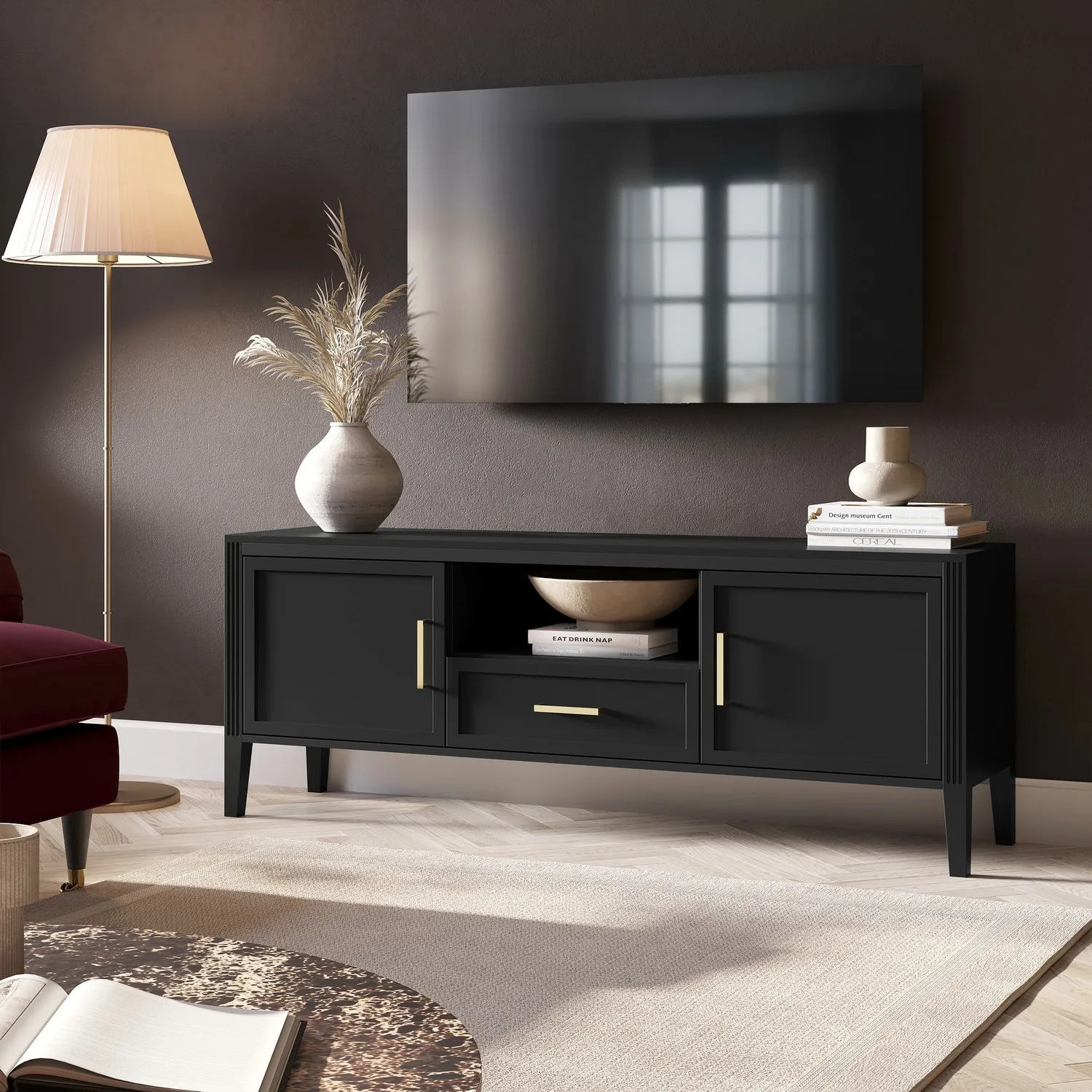 Large TV Stand with Storage - Black, Solid Pine product