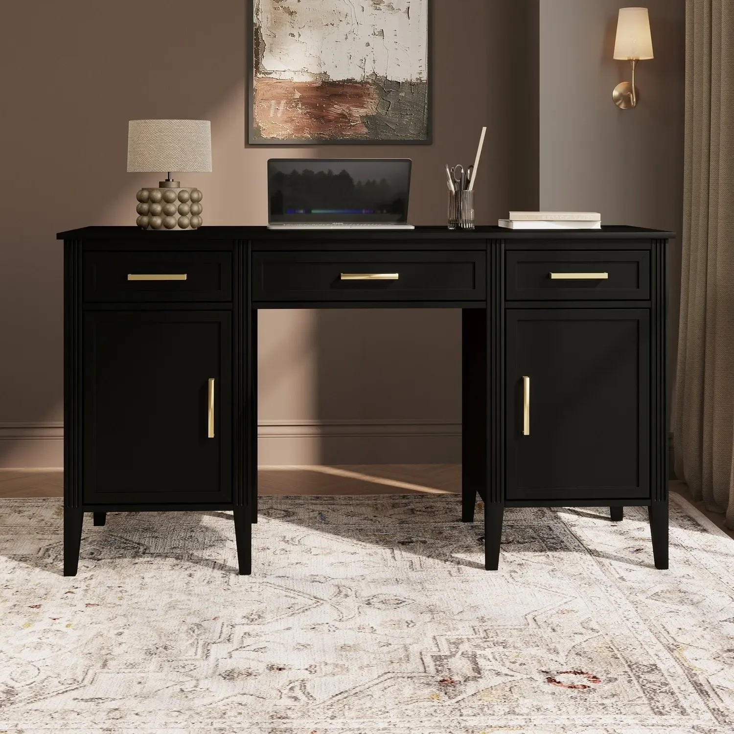 Office Desk with Drawers - Black, Solid Pine product