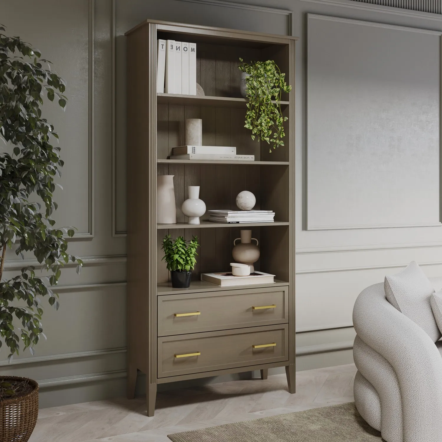 Tall Bookcase with 2 Drawers - Dark Wood, Solid Pine alternate view