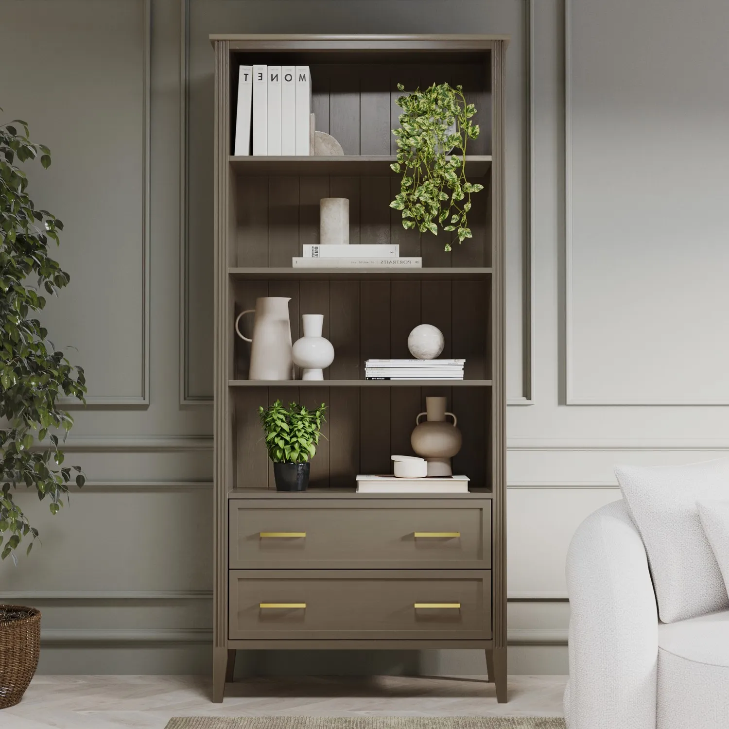 Tall Bookcase with 2 Drawers - Dark Wood, Solid Pine product