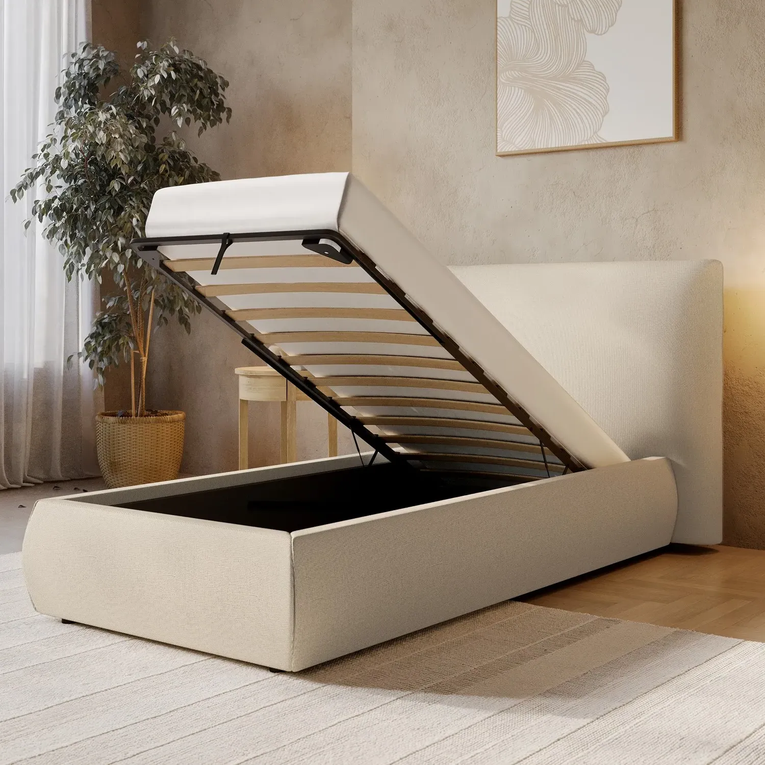 Single Ottoman Bed with Pillow Headboard - Beige, Linen alternate view