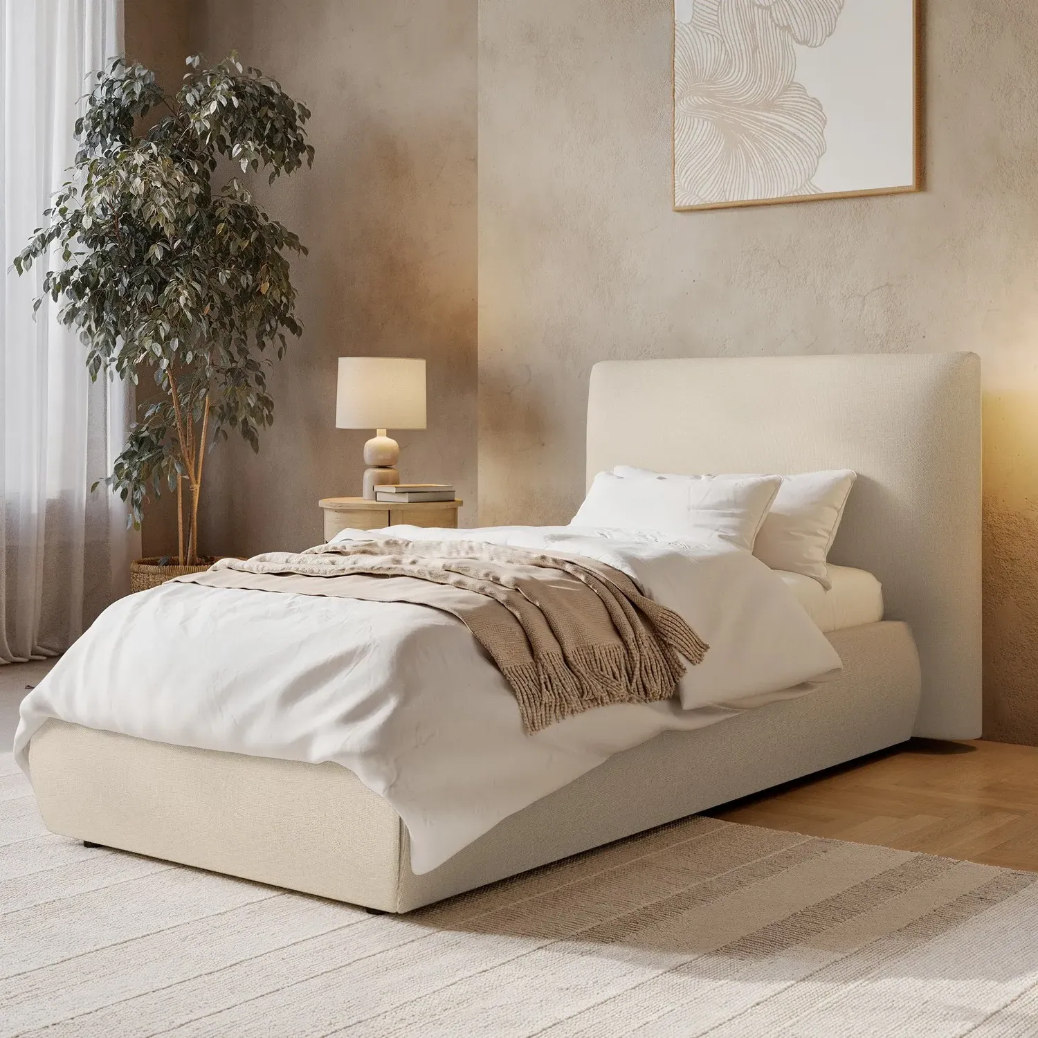 Single Ottoman Bed with Pillow Headboard - Beige, Linen product