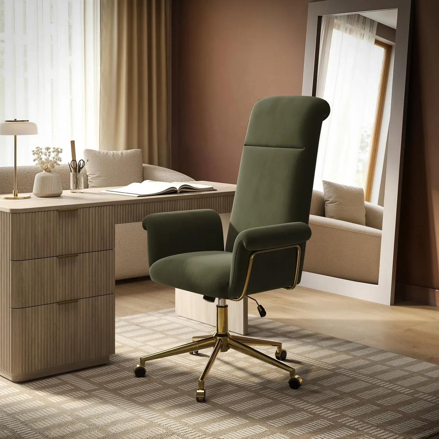 High Back Swivel Office Chair - Khaki, Velvet product