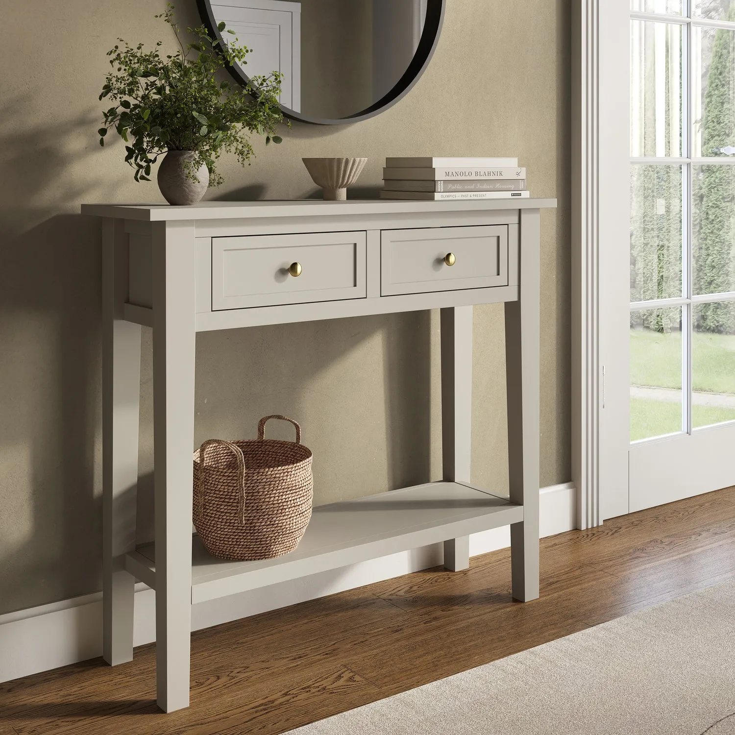 Narrow Console Table with Drawers - Taupe, Wood product