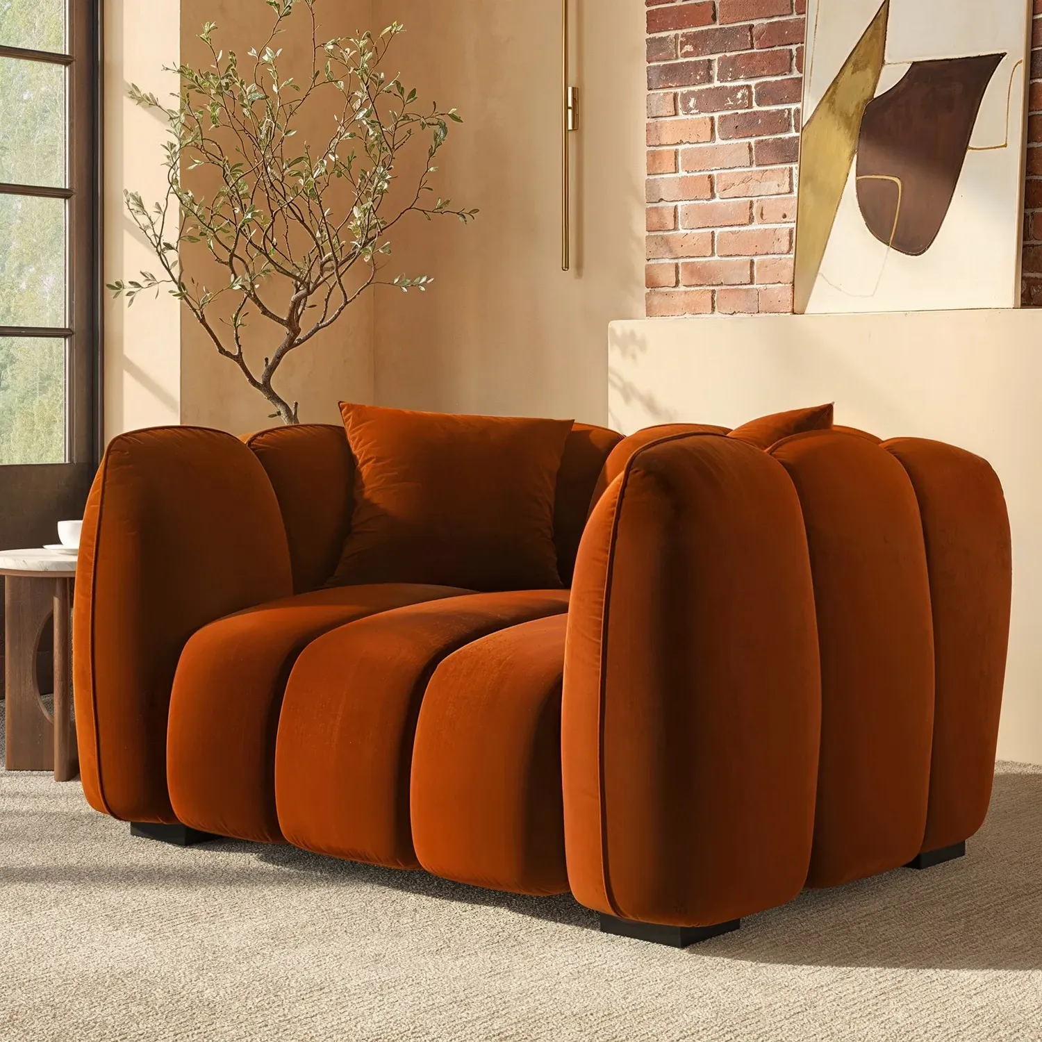 2-Seater Love Seat with Channel Tufting - Burnt Orange, Velvet product