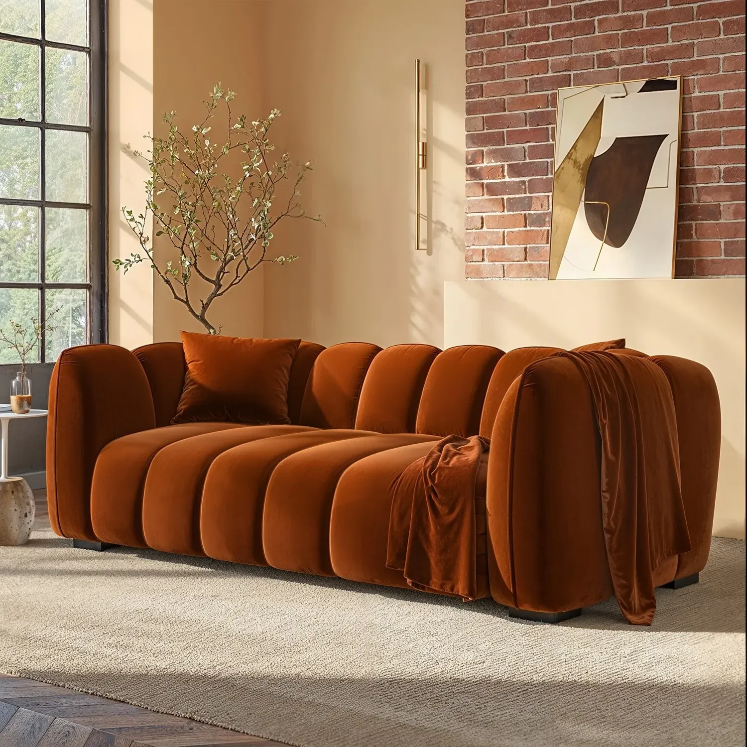3-Seater Sofa with Channel Tufting - Burnt Orange, Velvet alternate view