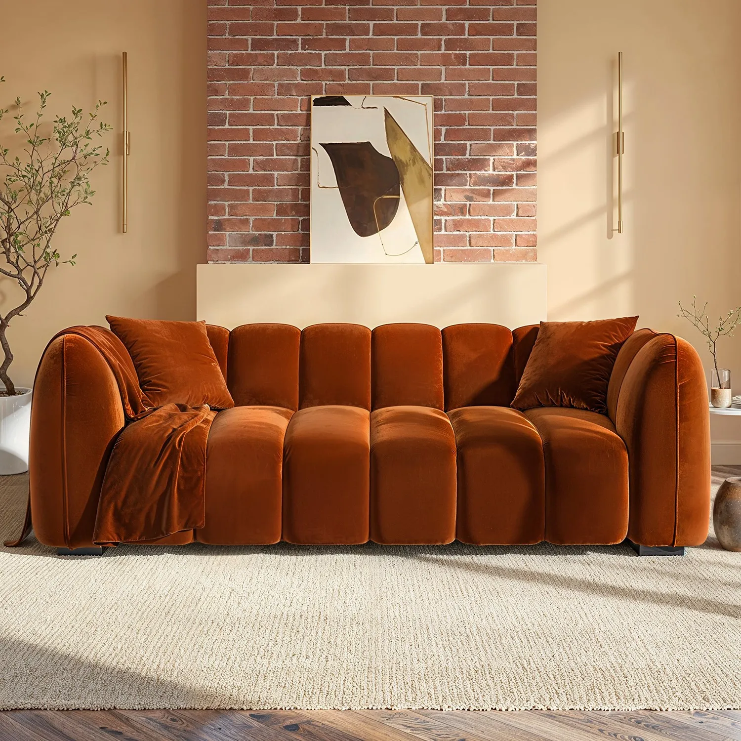 3-Seater Sofa with Channel Tufting - Burnt Orange, Velvet product