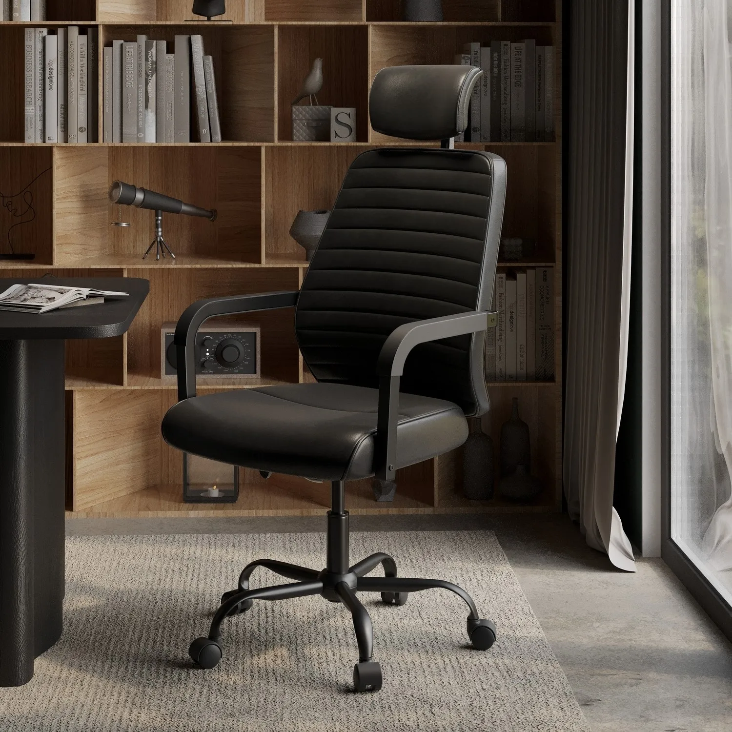 High Back Swivel Office Chair with Headrest - Black, Faux Leather product