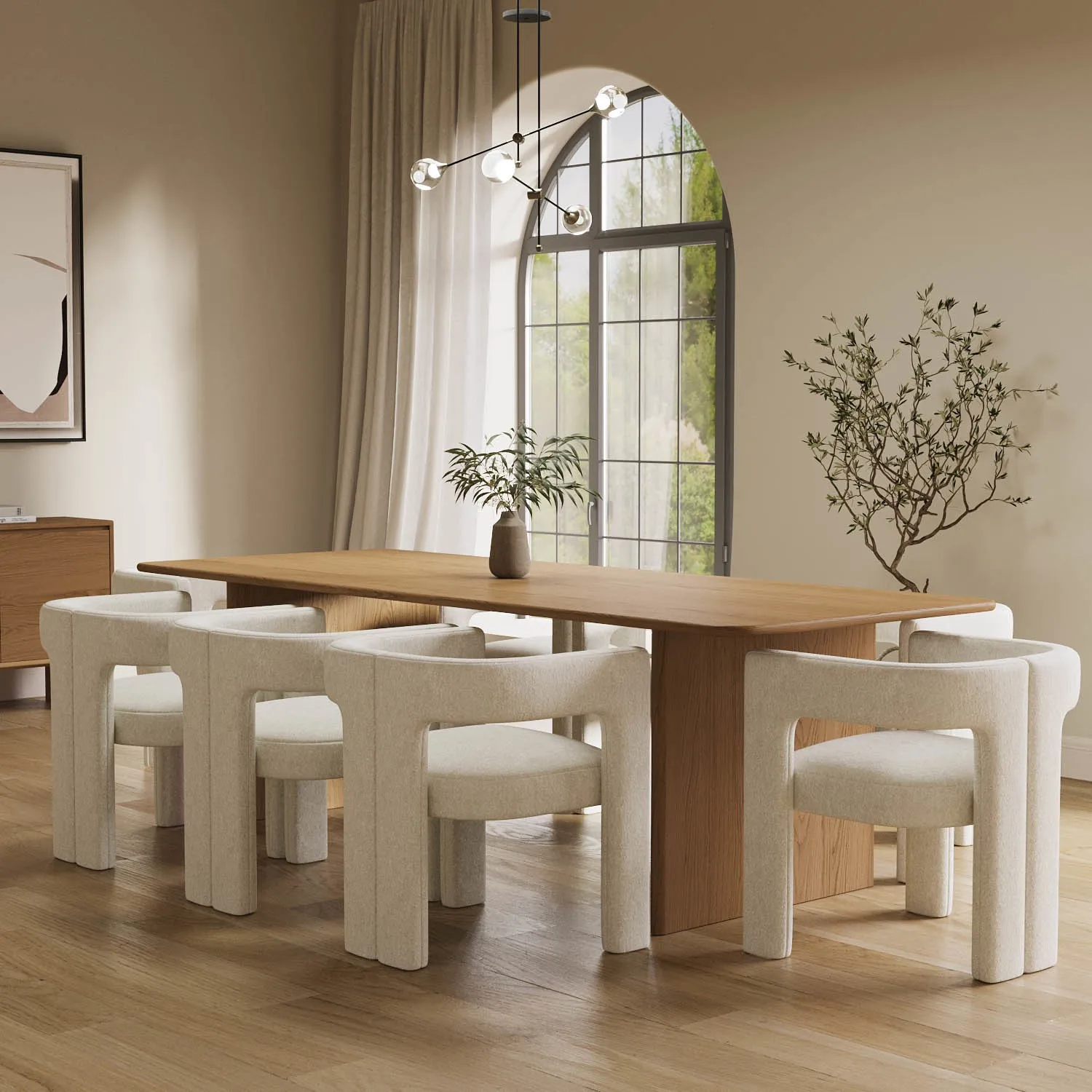 extra-large-weathered-oak-dining-table-set-with-8-white-boucle-curved-chairs-mia image