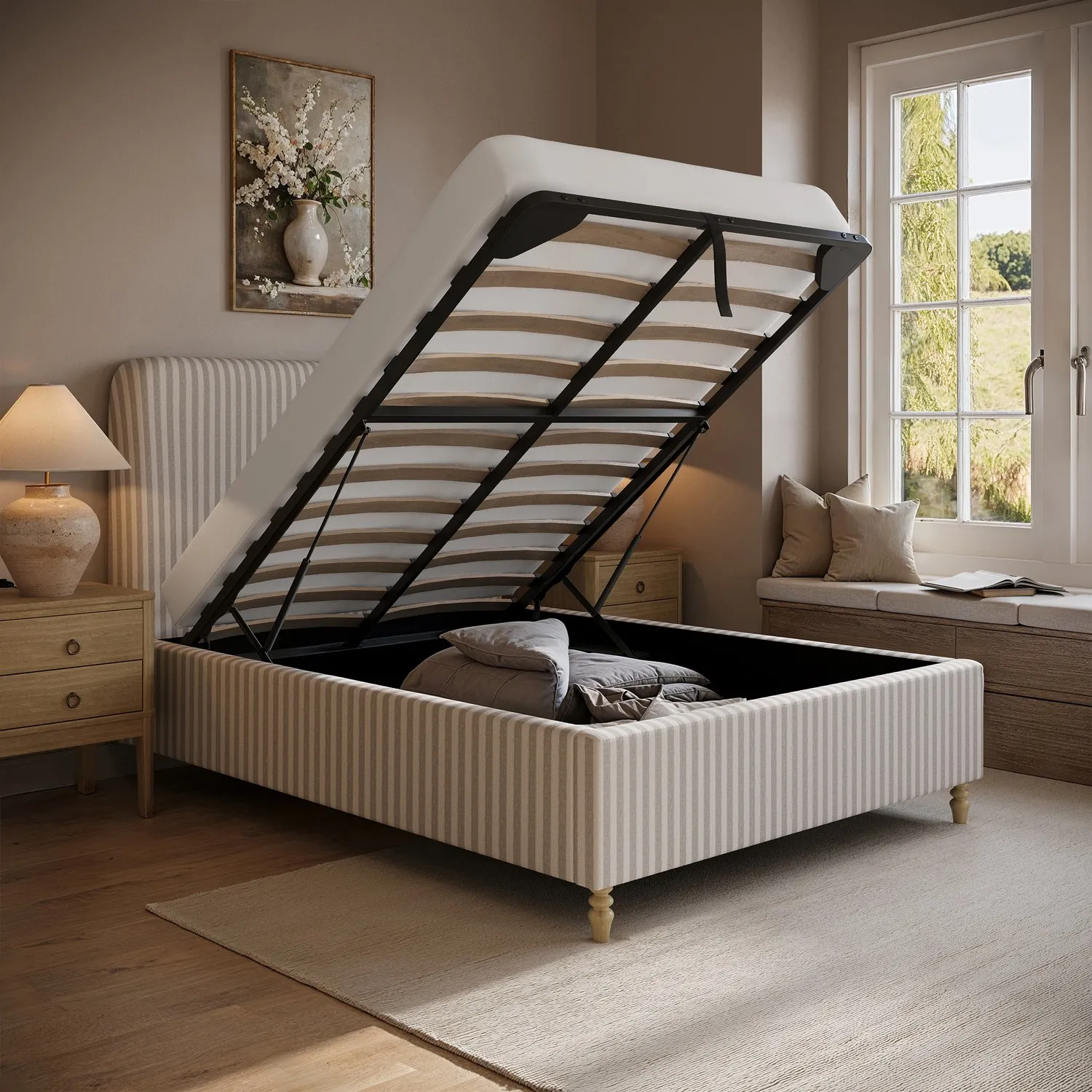 Double Ottoman Bed with Curved Headboard - Cream, Chenille alternate view