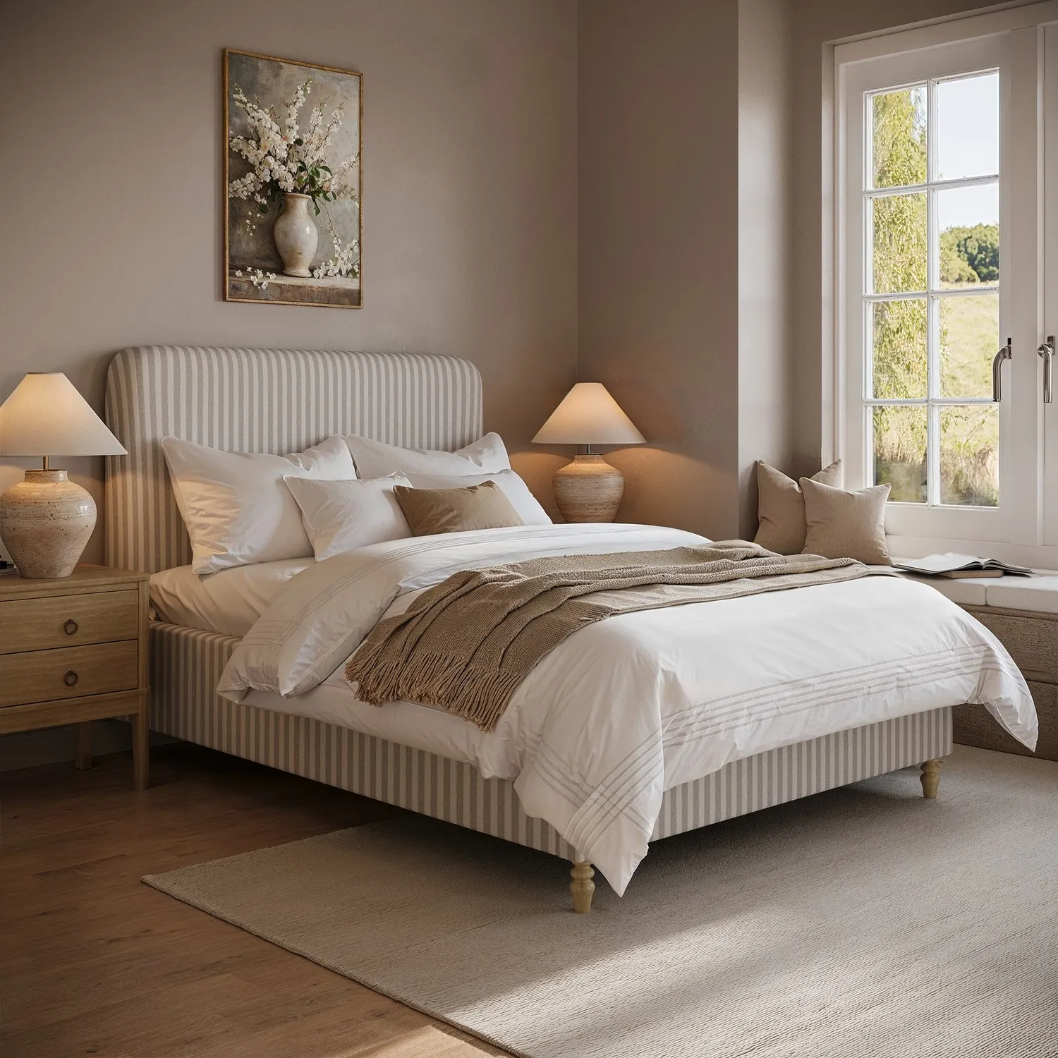 Double Ottoman Bed with Curved Headboard - Cream, Chenille product