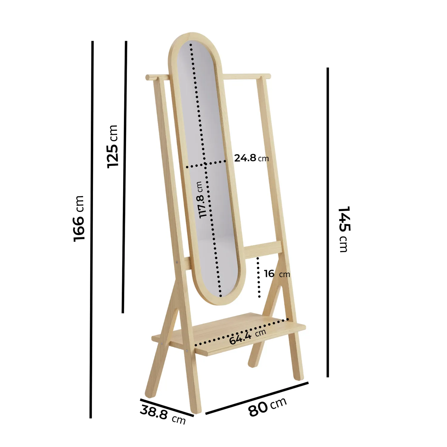 Full-Length Hall Mirror with Hanging Rail and Shelf - Light Wood, Pine alternate view