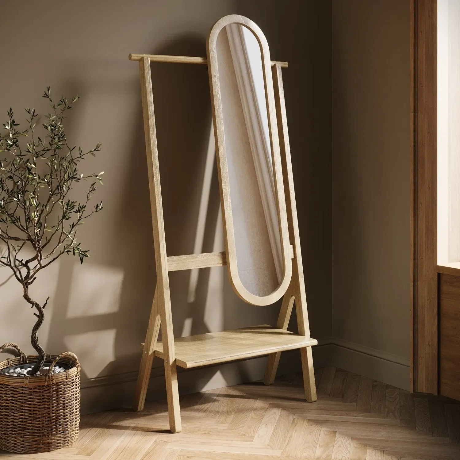 Full-Length Hall Mirror with Hanging Rail and Shelf - Light Wood, Pine product