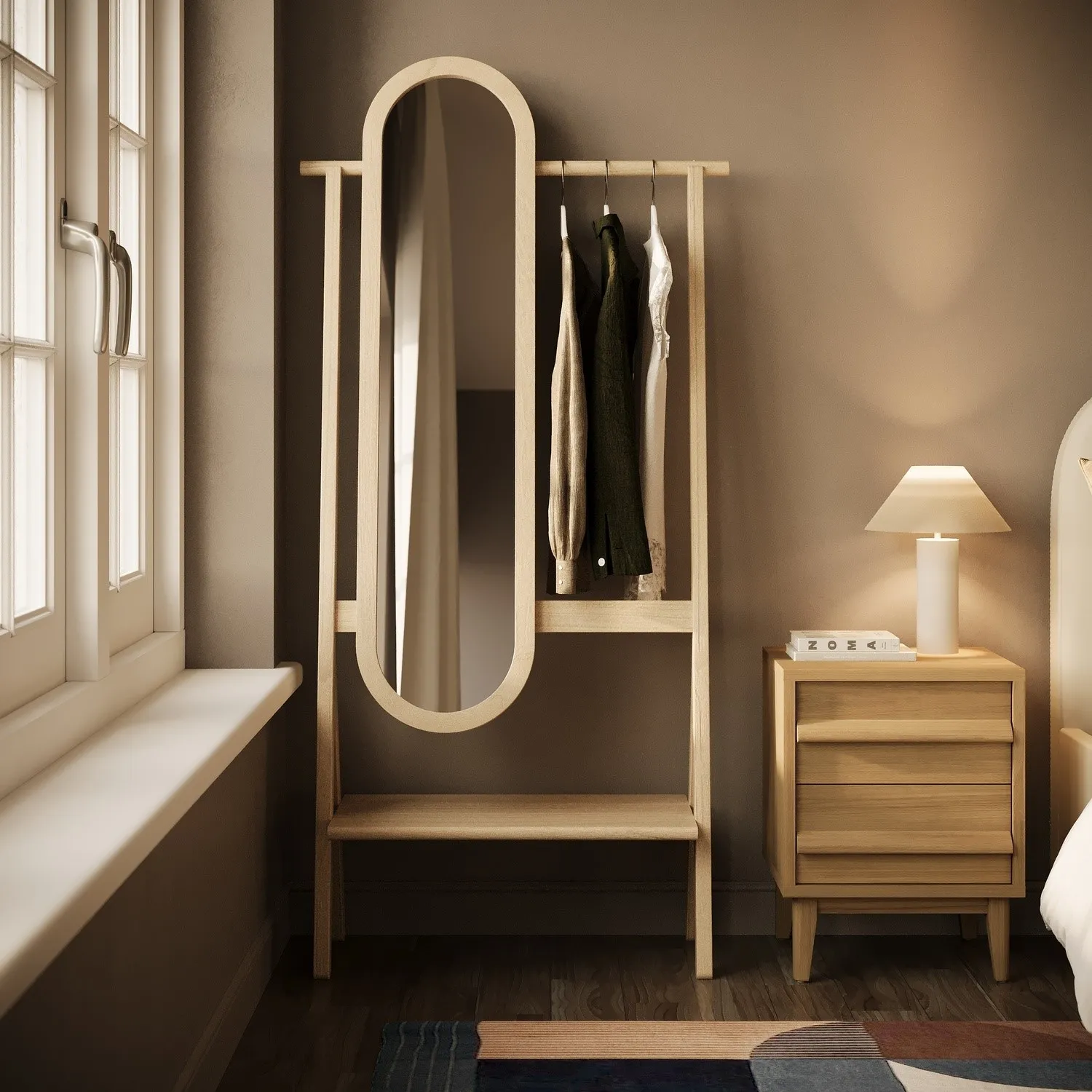 Full-Length Mirror with Hanging Rail and Shelf - Light Wood, Pine alternate view