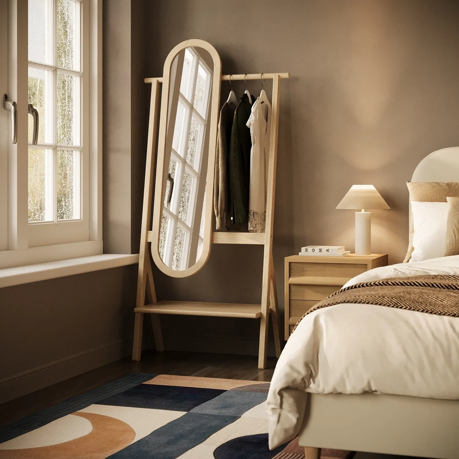 Full-Length Mirror with Hanging Rail and Shelf - Light Wood, Pine product