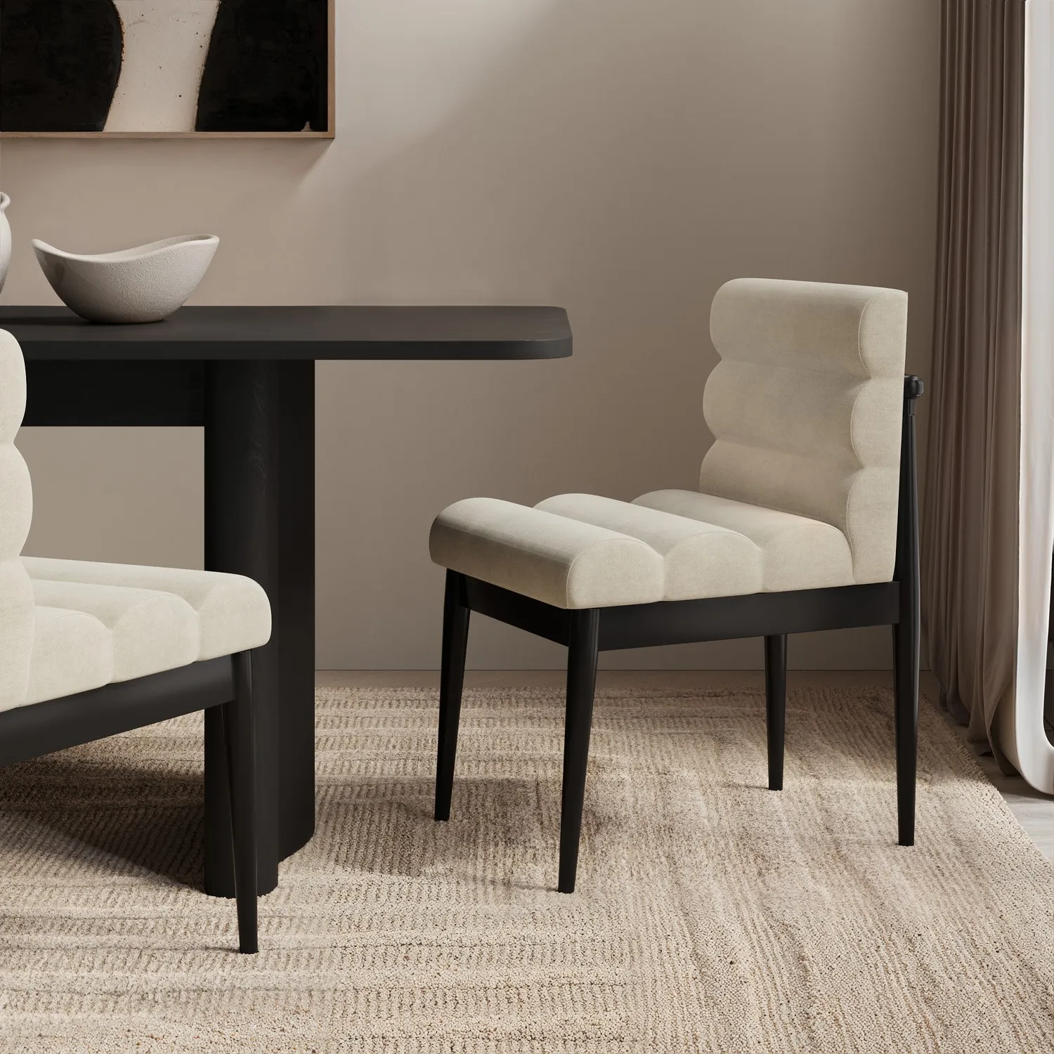 Set of 2 Sculpted Dining Chairs with Wooden Legs - Beige, Fabric product