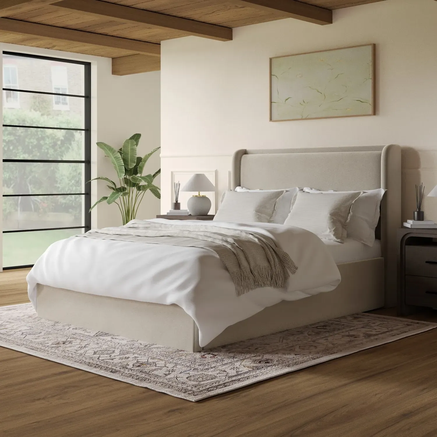 Double Ottoman Bed with Cushioned Headboard - Beige, Velvet product