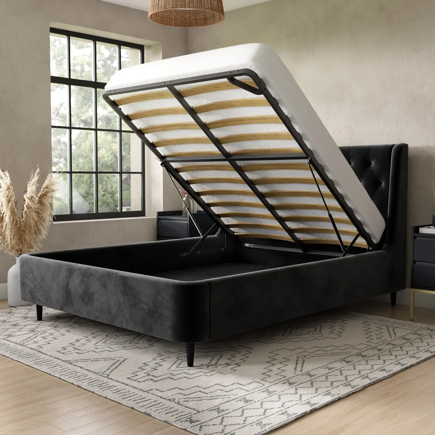 Amara King Size Ottoman Bed with Storage - Black, Velvet alternate view