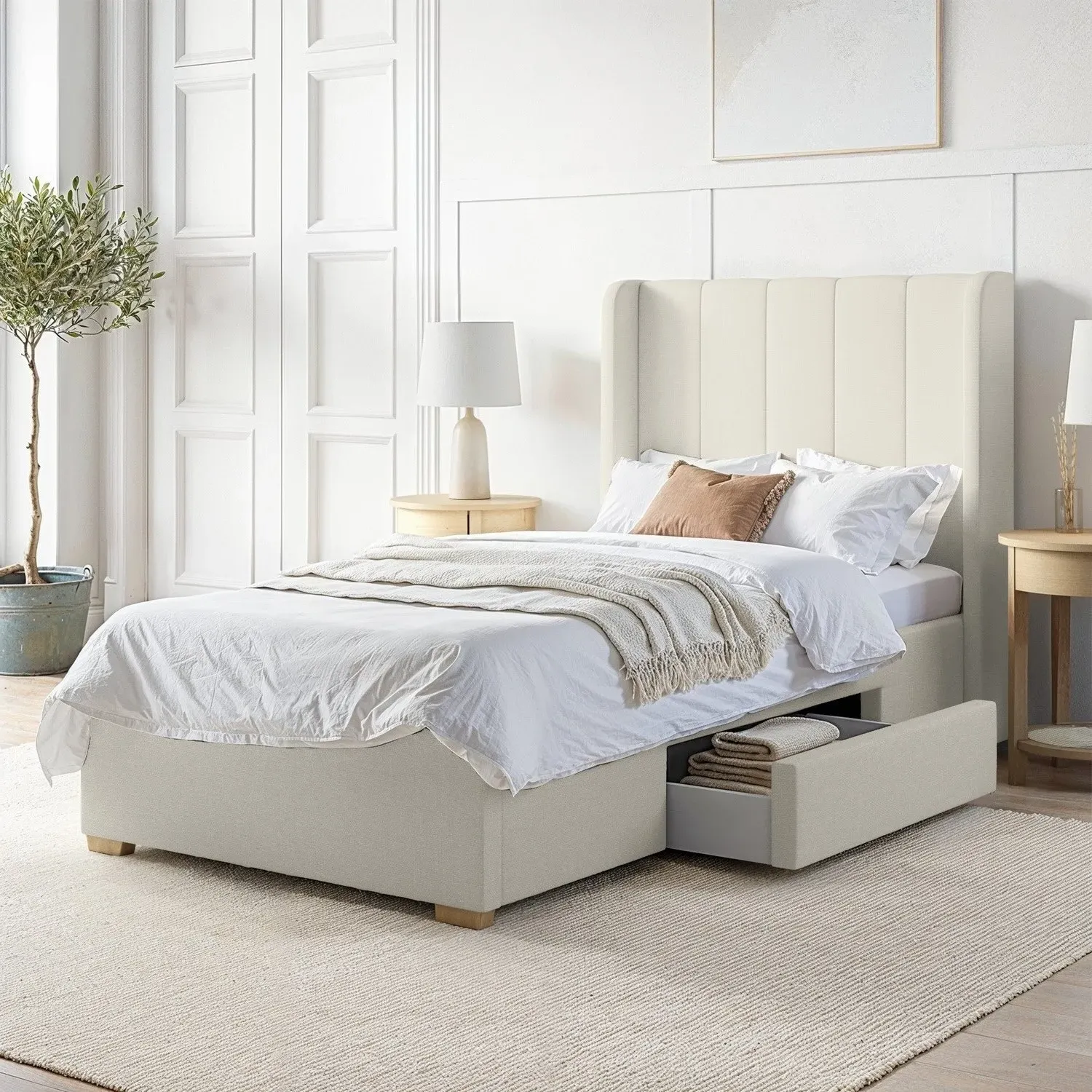 Single Bed Frame with Storage Drawer - Cream, Fabric product