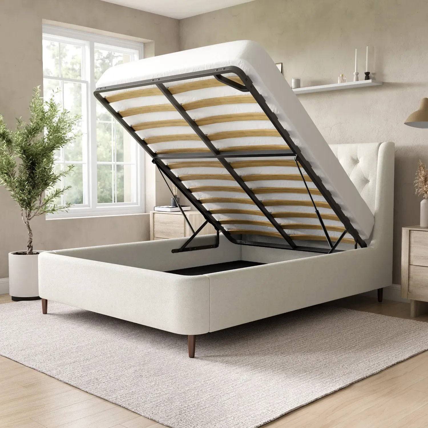 Double Ottoman Bed with Storage - Cream, Fabric alternate view