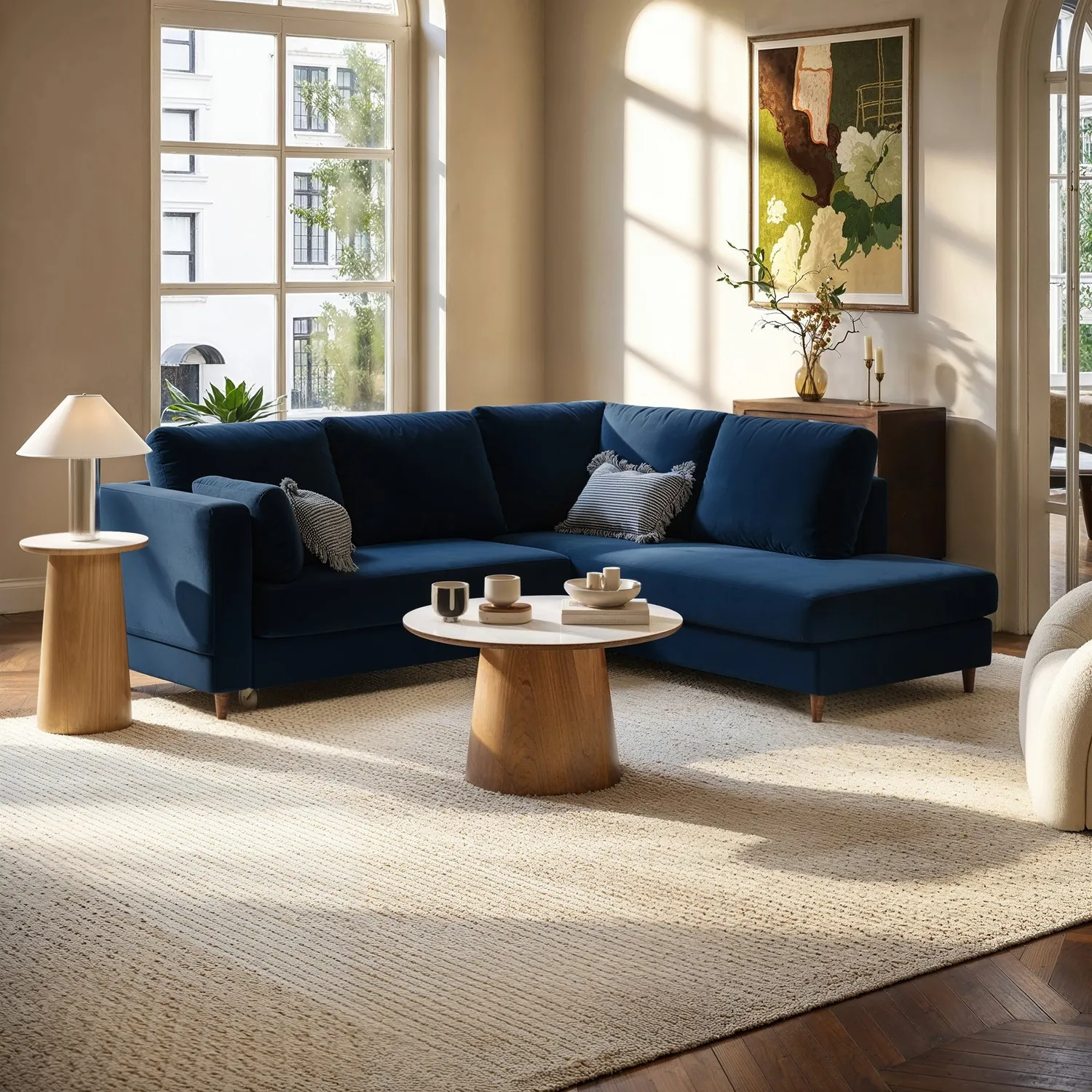 Boe 4-Seater Pull-Out Corner Sofa Bed with Storage - Navy Blue, Velvet product