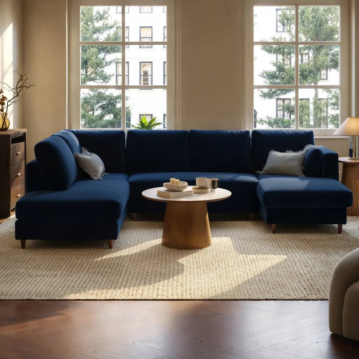 6-Seater U-Shape Sofa Bed with Storage - Navy Blue, Velvet alternate view