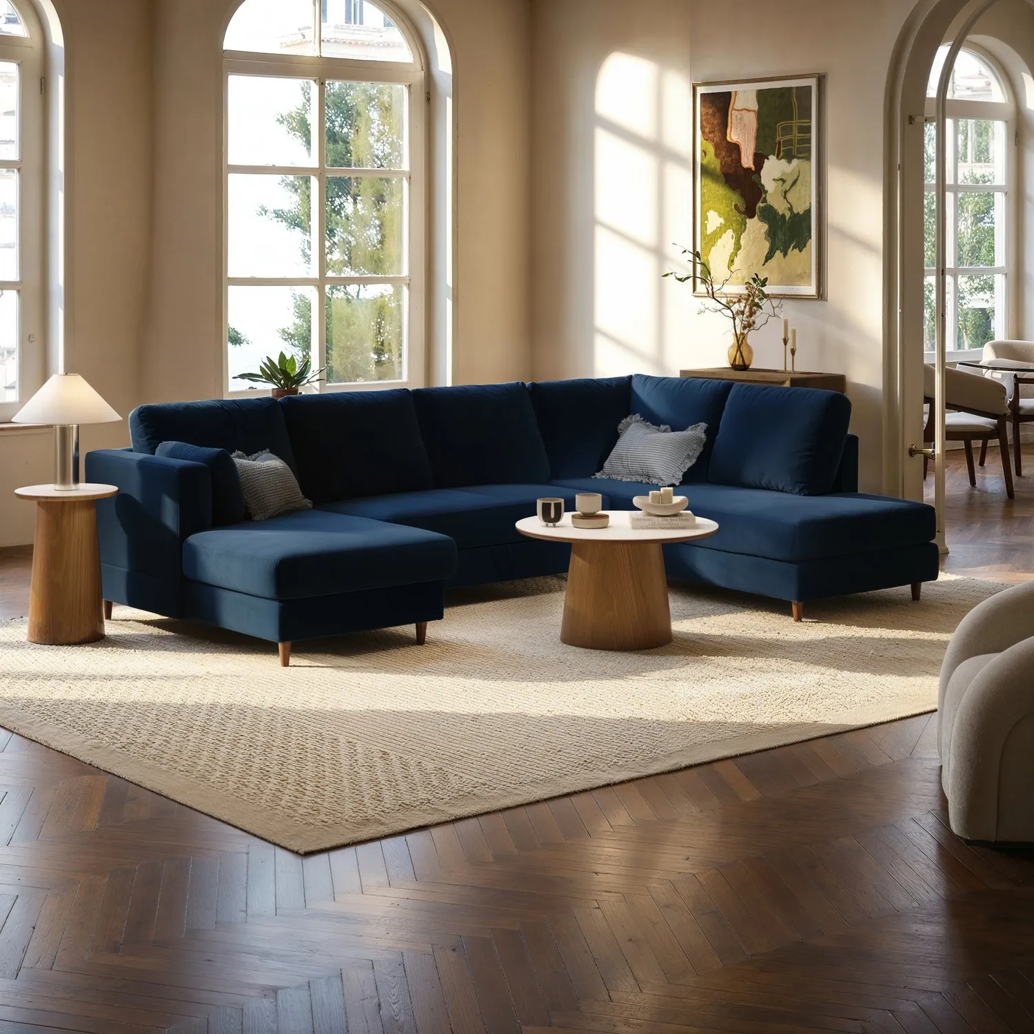 6-Seater U-Shape Sofa Bed with Storage - Navy Blue, Velvet product