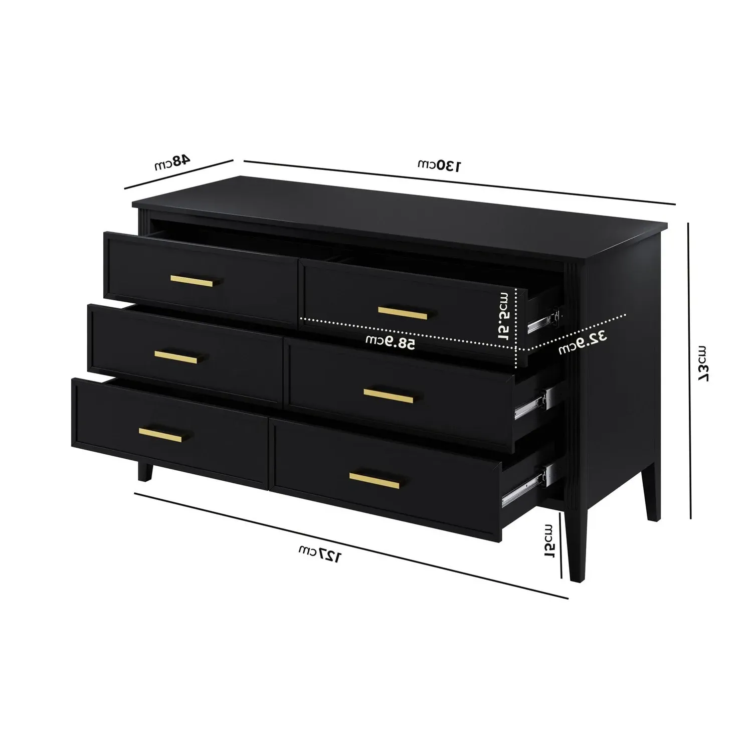 Delilah Wide 6 Drawer Chest of Drawers - Black, Solid Pine alternate view
