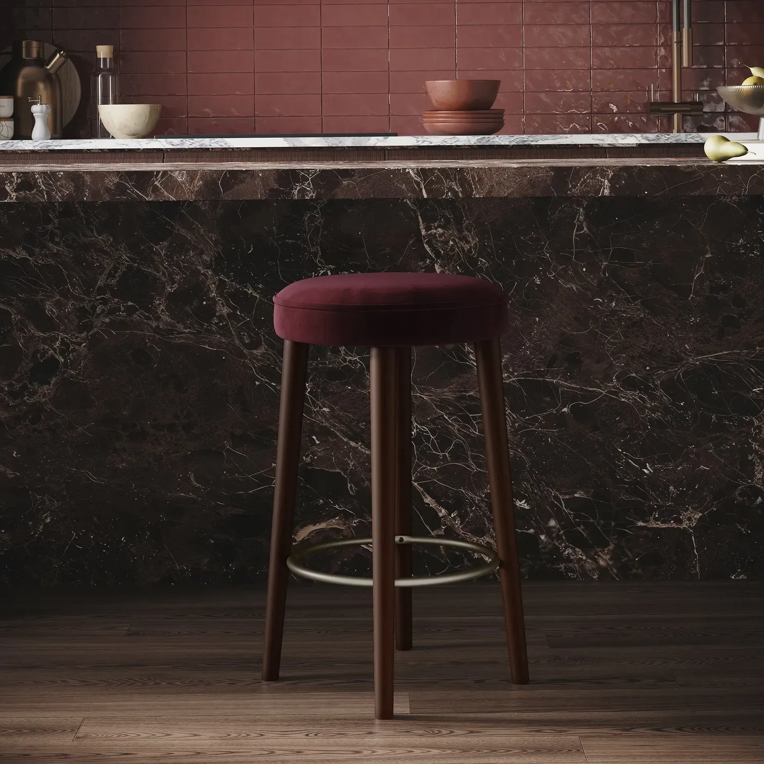Counter Bar Stool with Brass Footrest - Burgundy, Velvet product