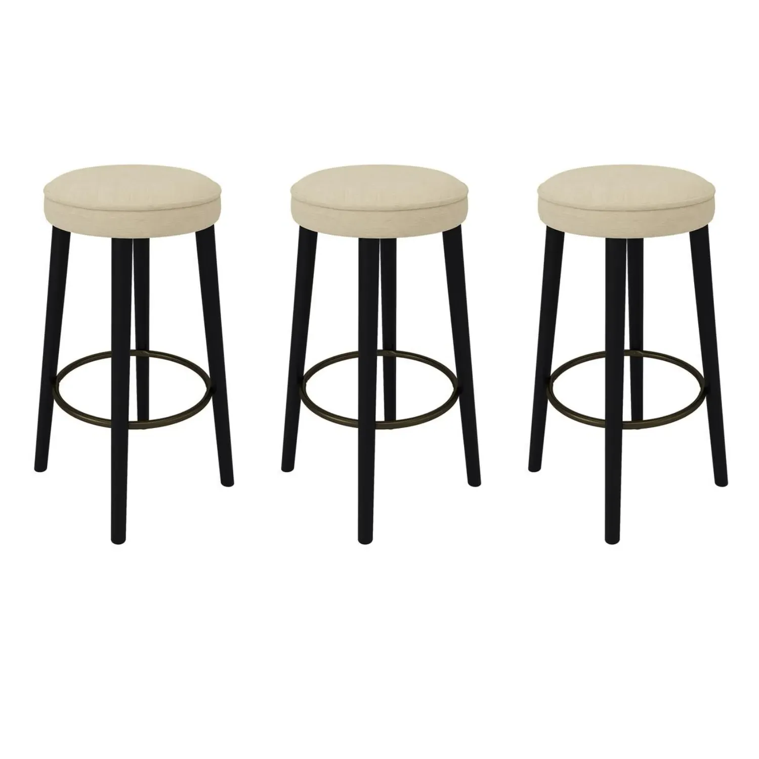 Set of 3 Counter Stools with Brass Footrest - Beige, Chenille alternate view